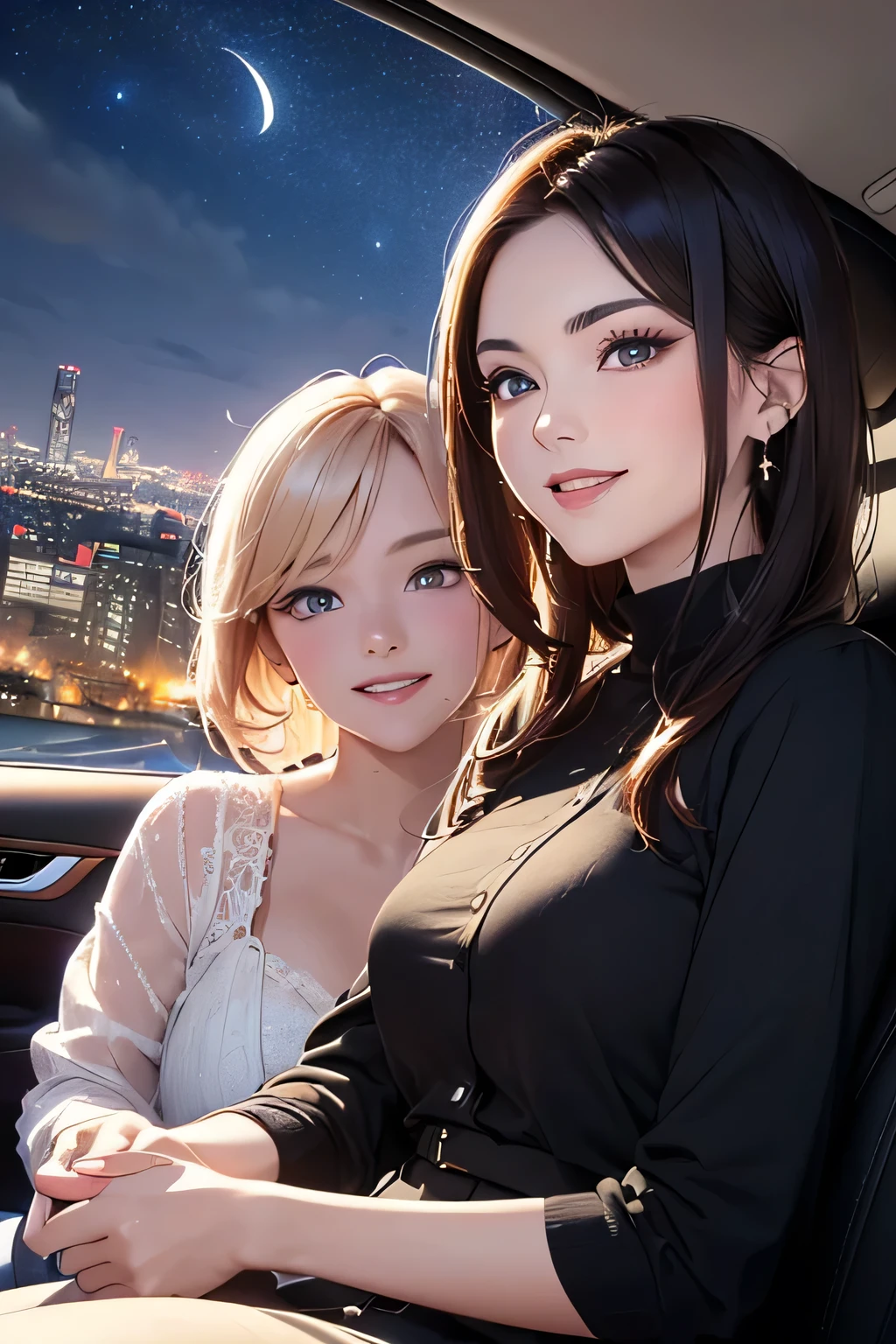 highest quality、High resolution、Detailed Background、(Beautiful face in every detail:1.4)、Anatomically correct、(Detailed facial expressions)、(Detailed eyes:1.2)、(Detailed eyes:1.2)、Beautiful women in their 20s、(Highly detailed face:1.4)、well-groomed eyebrows、Cute Eye Makeup、Cute Lip Makeup、Cute clothes with little exposure、Parking area at dawn、
(Two beautiful women laughing while sitting in an open car with a beautiful night view in the background:1.5)