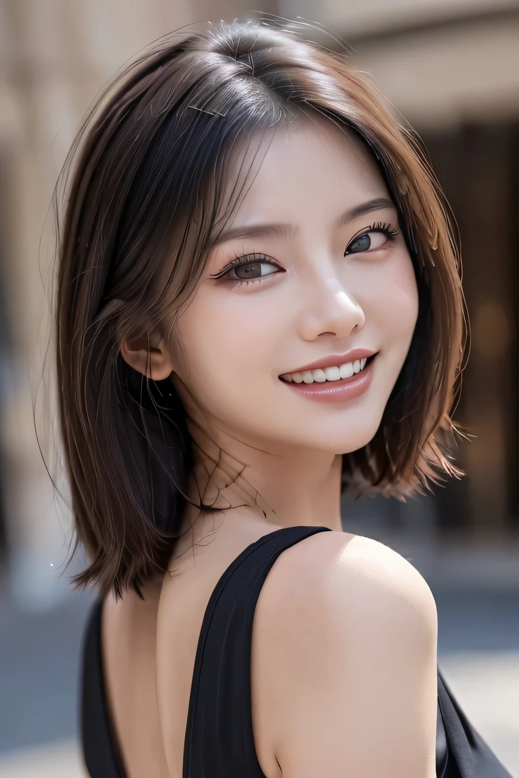 (8k, RAW Photos, highest quality, masterpiece, Realistic, Realistic), (1 female), (Ultimate beauty), Highly detailed face, (Perfect Teeth), Beautiful Eyes, double eyelid, eyelash, smile, Lip details, (Neat brunette bob), The light shines on your face, Big Breasts, ((Colorful mini dresses)), (Front view), (background: none),  Background blur