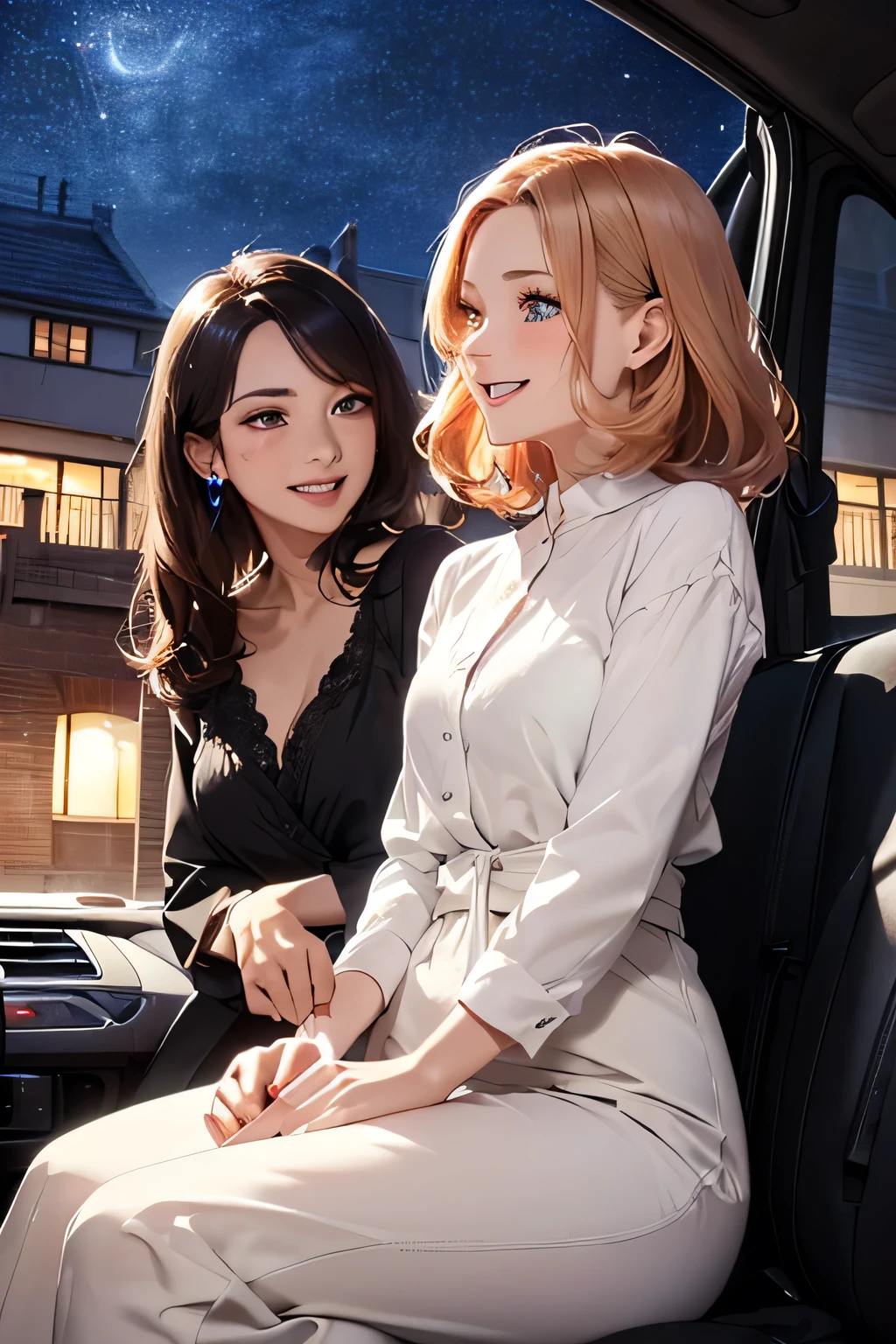 highest quality、High resolution、Detailed Background、(Beautiful face in every detail:1.4)、Anatomically correct、(Detailed facial expressions)、(Detailed eyes:1.2)、(Detailed eyes:1.2)、Beautiful women in their 20s、(Highly detailed face:1.4)、well-groomed eyebrows、Cute Eye Makeup、Cute Lip Makeup、Cute clothes with little exposure、Parking area at dawn、
(Two beautiful women laughing while sitting in an open car with a beautiful night view in the background:1.5)