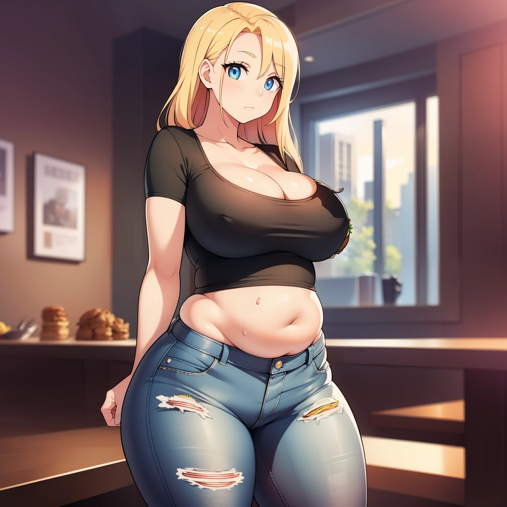 ((remove hand)), remove burger, ((background)), intricate background, remove arm, arms behind back,
