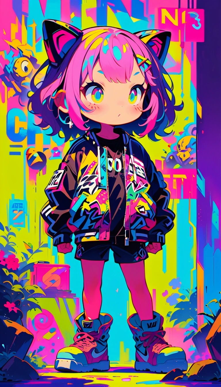 Style 5,Style 7,High resolution, (Best details) (highest quality), Wear headphones、Alfie woman walking with hands in pockets, (((Graffiti art))), (((Trigger Studio style, Graffiti art, Rock punk, Neon color))), Karn Griffiths
