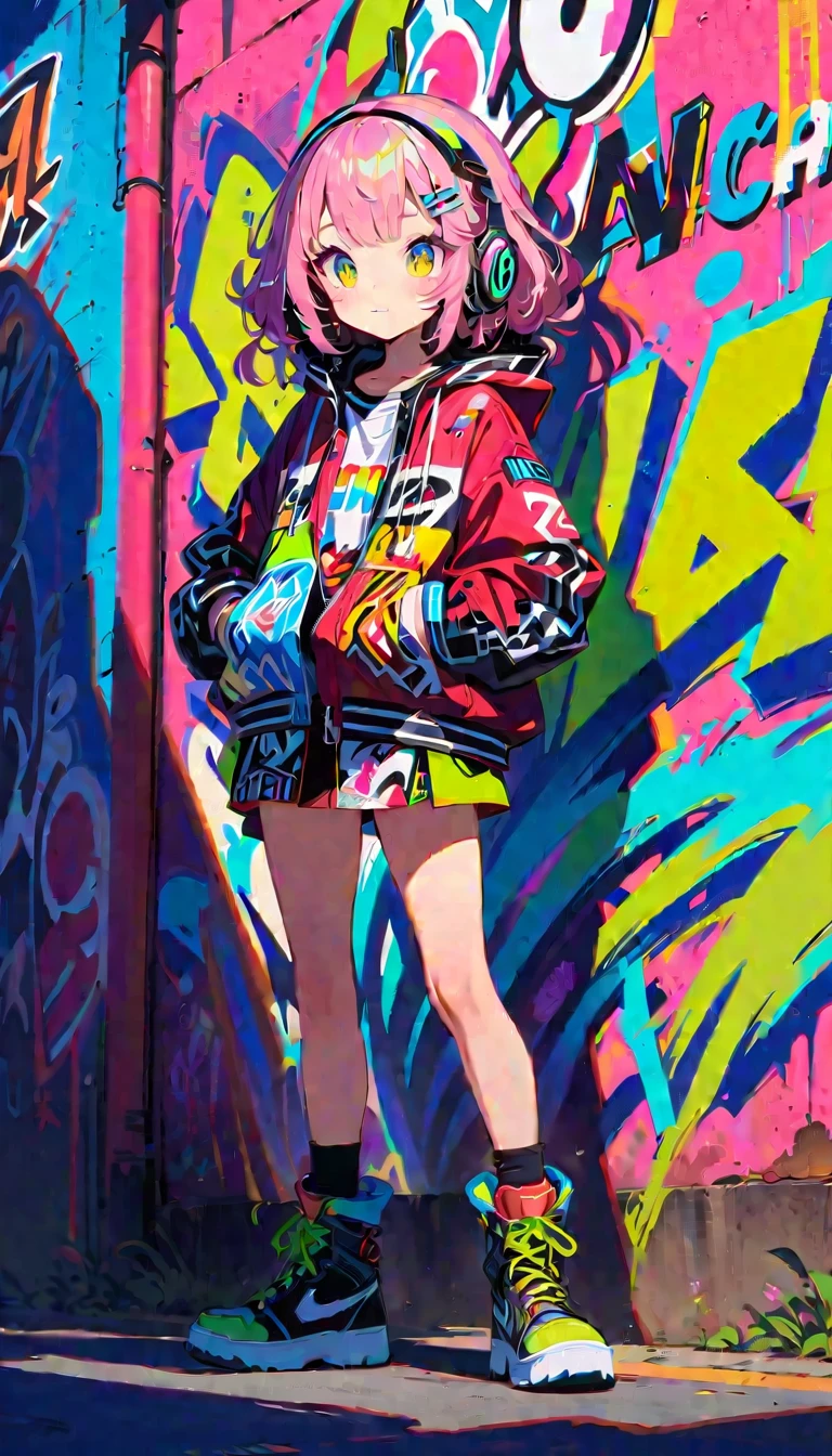 Style 5,Style 7,High resolution, (Best details) (highest quality), Wear headphones、Alfie woman walking with hands in pockets, (((Graffiti art))), (((Trigger Studio style, Graffiti art, Rock punk, Neon color))), Karn Griffiths