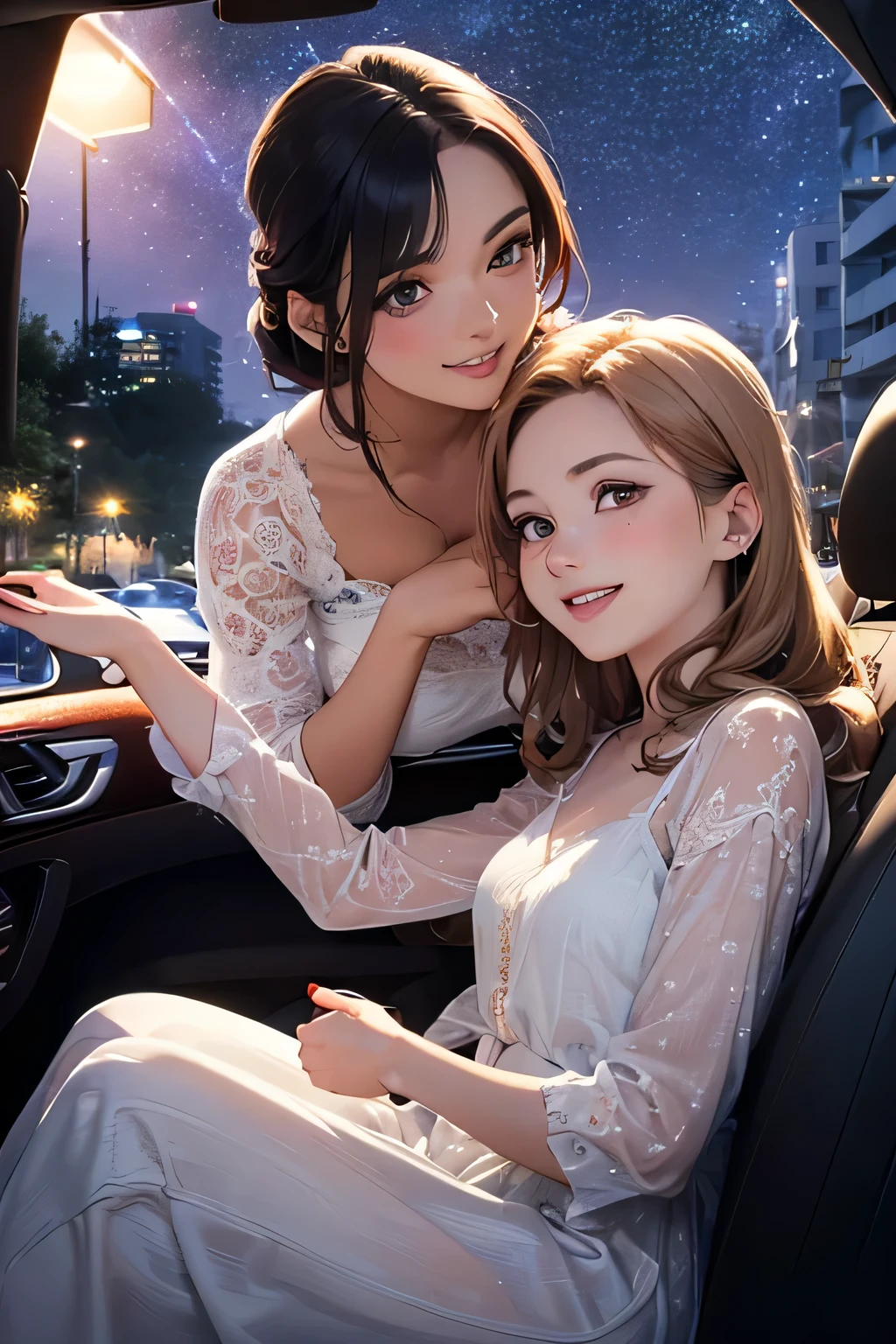 highest quality、High resolution、Detailed Background、(Beautiful face in every detail:1.4)、Anatomically correct、(Detailed facial expressions)、(Detailed eyes:1.2)、(Detailed eyes:1.2)、Beautiful women in their 20s、(Highly detailed face:1.4)、well-groomed eyebrows、Cute Eye Makeup、Cute Lip Makeup、Cute clothes with little exposure、Parking area at dawn、
(Two beautiful women laughing while sitting in an open car with a beautiful night view in the background:1.5)