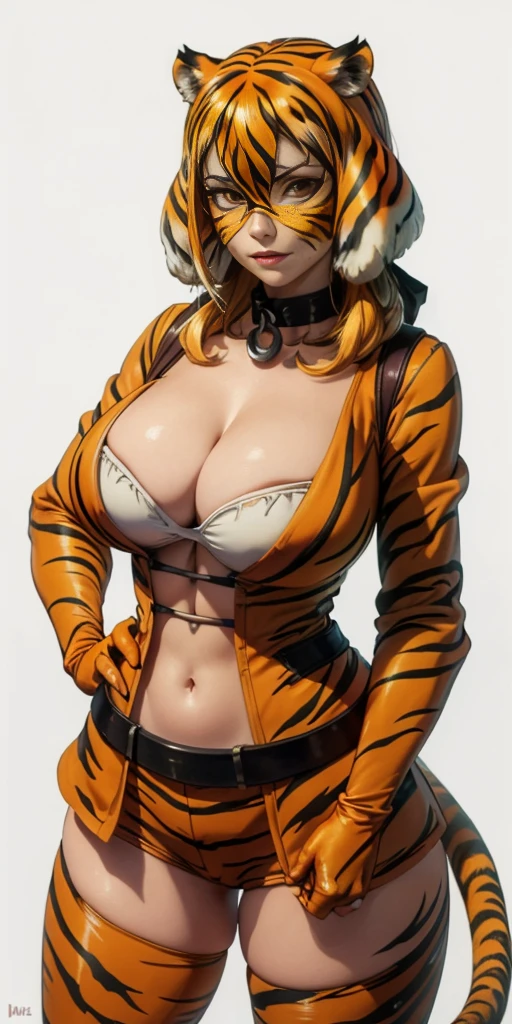 (Masterpiece, plain background) 1solo Roxanne tiger print mask, animal tiger outfit, leather collar choker neck bell, cleavage, large breasts, looking at viewer, navel, neck bell 🔔 (paw gloves like hands= paws on hands, paws on hips, tiger tail, tiger fluffy ears)