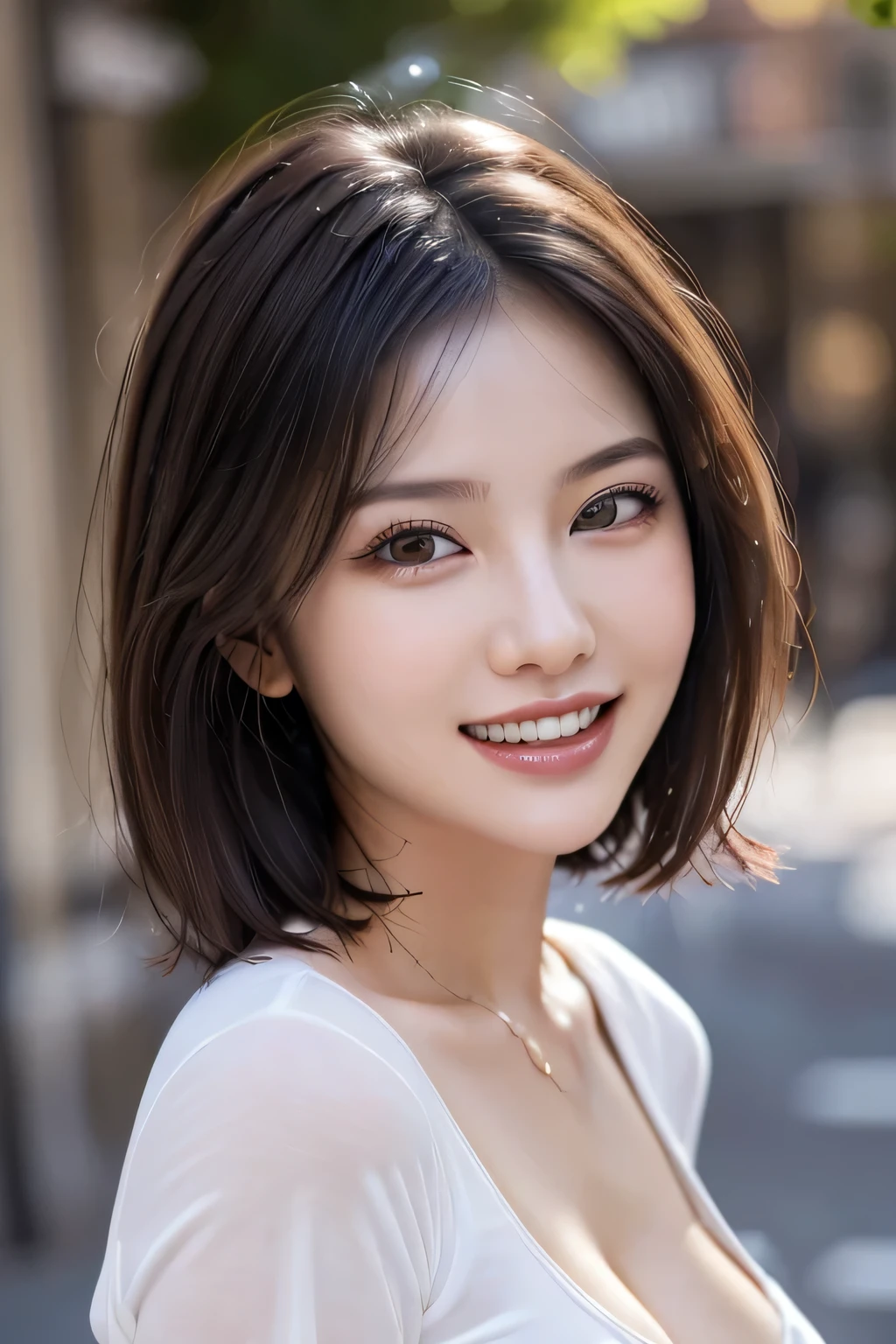 (8k, RAW Photos, highest quality, masterpiece, Realistic, Realistic), (1 female), (Ultimate beauty), Highly detailed face, (Perfect Teeth), Beautiful Eyes, double eyelid, eyelash, smile, Lip details, (Neat brunette bob), The light shines on your face, Big Breasts, ((Colorful mini dresses)), (Front view), (background: none),  Background blur