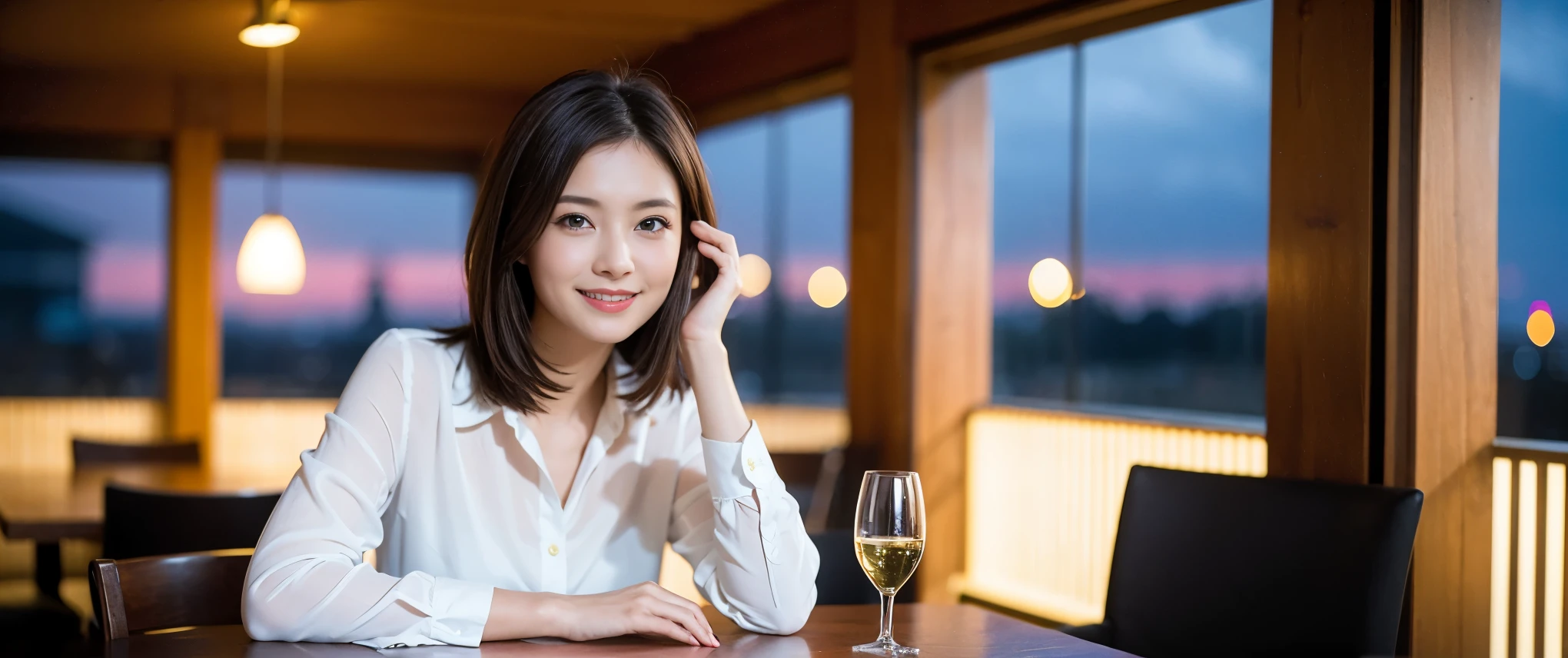((highest quality、8k、masterpiece:1.3))、Sharp focus:1.2、Beautiful woman perfect body:1.4、slimなボディ、((Bob Hale、Straight hair:1.2))、(to be born, highest quality, masterpiece:1.5), (Realistic, Intricate details:1.2), テーブルにwine glass、Put the light on your face、 Amazing view of the sunset sky and clouds、Amazing mountain views、ニコニコ明るいsmile、smileの素敵な女性、Bright image、2. The beauty of wine, Beautiful Face, blue eyes, The light shines on your face, Blushing, short hair,Bright Face、Fox face、 (43 years old), 39 years old, Lady、red wine 、Appetizers、Italian food、Wine bottle、Champagne、sparkling wine、Two beauties、Brown Hair、Shortcuts、Long sleeve shirt、dress、Pretty Woman 1, (slimな顔), (The body is slim), (Brown Hair), (Shortcuts), cheeks turn a little red,Attractive beauty、, Out of the window, A beautiful and detailed night view unfolds.........., restaurant, In a prominent place (From the waist up) Nova Frog Style, actress, model, Upper Body, White wine, slim, wine glass, 真ん中に置かれたwine glass, smile, (smile: 1.15), Beautiful fine grain, Depth f/2,saturation, High Contrast, Strong light and shadow,Moist Body:1.5、3D texture、Delicate eyes、Brown Hair、The hair is very shiny、