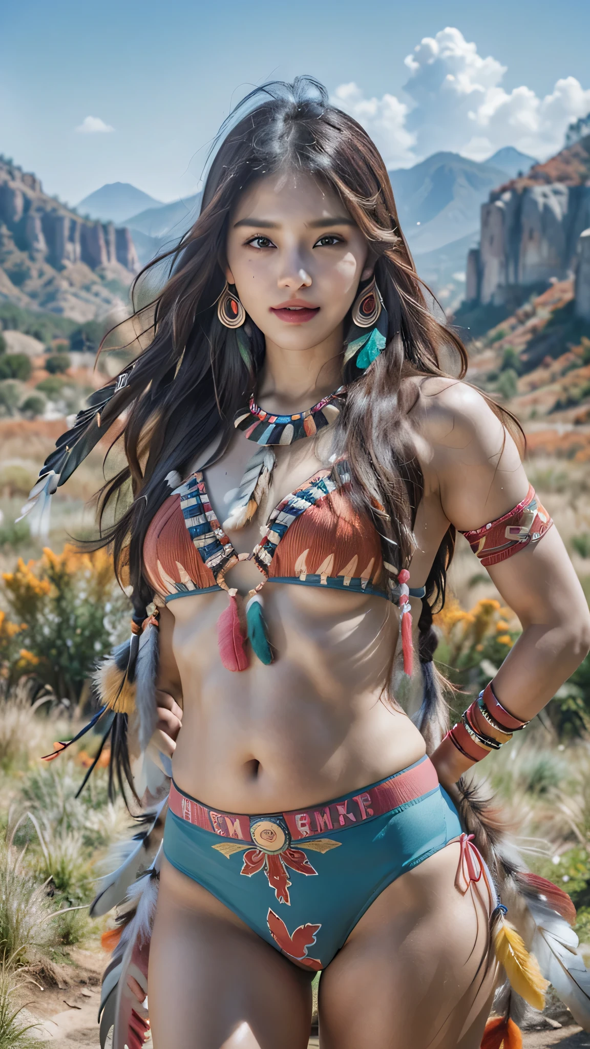 score_9, score_8_in addition, score_7_in addition, score_6_in addition, Classification_Explicit, 1 girl, ((18 years:1.2)),(highest quality,High resolution,Very detailed,Actual),Ariana Grande is a Native American,(Wild Indian Native American:1.4), Adult, lip, Big bright eyes, Bright Blue Eyes, ((By Ruby:1)), (cabello ondulado length trenzado nativo indio: 1.2), (female Born in the USA:1.4) ,(native indian feathers :1.4), (Facial details: 1.5, Bright Blue Eyes, Beautiful Face, Cute eyes, Iris Coating, labios Delgados: 1.5, Delgado, pale, Sharp eyebrows, length, Thick eyelashes, Double Tab),(Perfect hand detail : 1.4 ) , (Large leaf in the forest background :1.4), (Born in the USA v2.1), (Born in the USA:1.4), (fondo desierto casa Born in the USA:1.4), (Dynamic cowboy pose),(( Beautiful American Indian Warrior:1.4), (Beautiful American Indian Warrior: v2.1)) , (Bright colors), (Big stone background:1.4 ), (Grassland Background :1.4), (It rains:1.4), (Autumn on the prairie :1.4), (vestidor Born in the USA:1.4), (Showing panties:1.4), (Realistic V2.1), (Perfect Anatomy) 、Pregnant women、Cute Smile、Pregnant women in their final month、Salmon pink hair、Large Breasts、High leg cut panties、