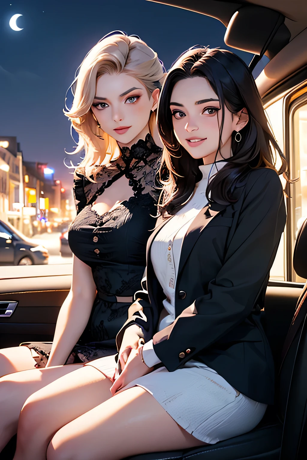 highest quality、High resolution、Detailed Background、(Beautiful face in every detail:1.4)、Anatomically correct、(Detailed facial expressions)、(Detailed eyes:1.2)、(Detailed eyes:1.2)、Beautiful women in their 20s、(Highly detailed face:1.4)、well-groomed eyebrows、Cute Eye Makeup、Cute Lip Makeup、Cute clothes with little exposure、Parking area at dawn、
(Two beautiful women laughing while sitting in an open car with a beautiful night view in the background:1.5)