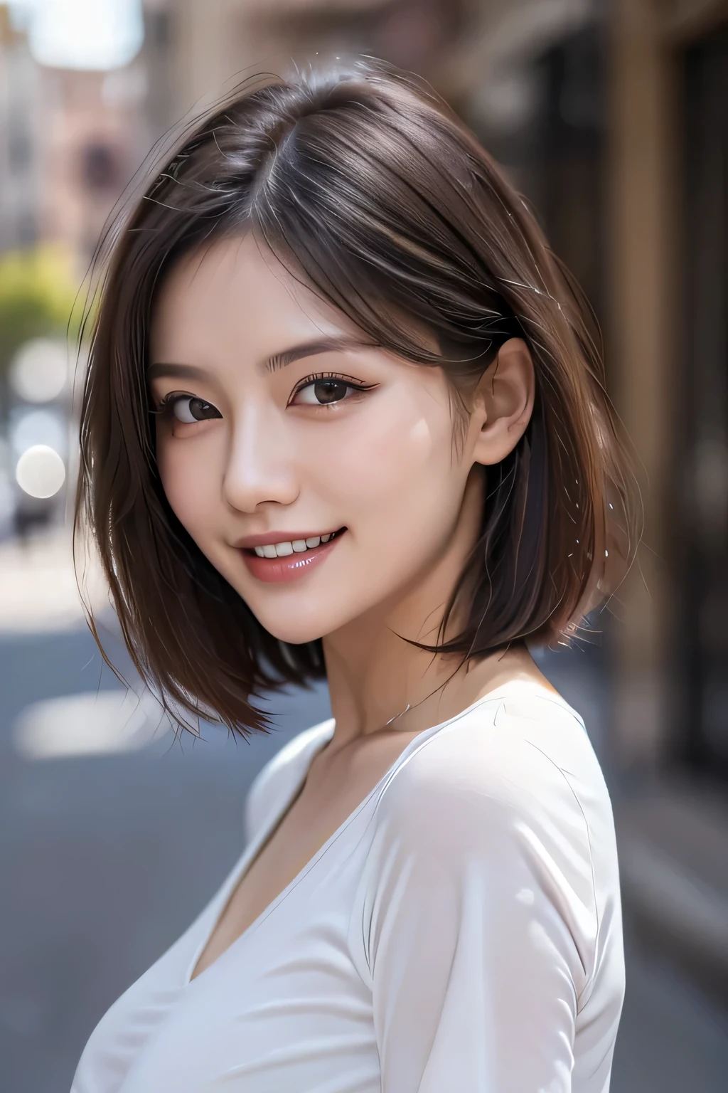 (8k, RAW Photos, highest quality, masterpiece, Realistic, Realistic), (1 female), (Ultimate beauty), Highly detailed face, (Perfect Teeth), Beautiful Eyes, double eyelid, eyelash, smile, Lip details, (Neat brunette bob), The light shines on your face, Big Breasts, ((Colorful mini dresses)), (Front view), (background: none),  Background blur