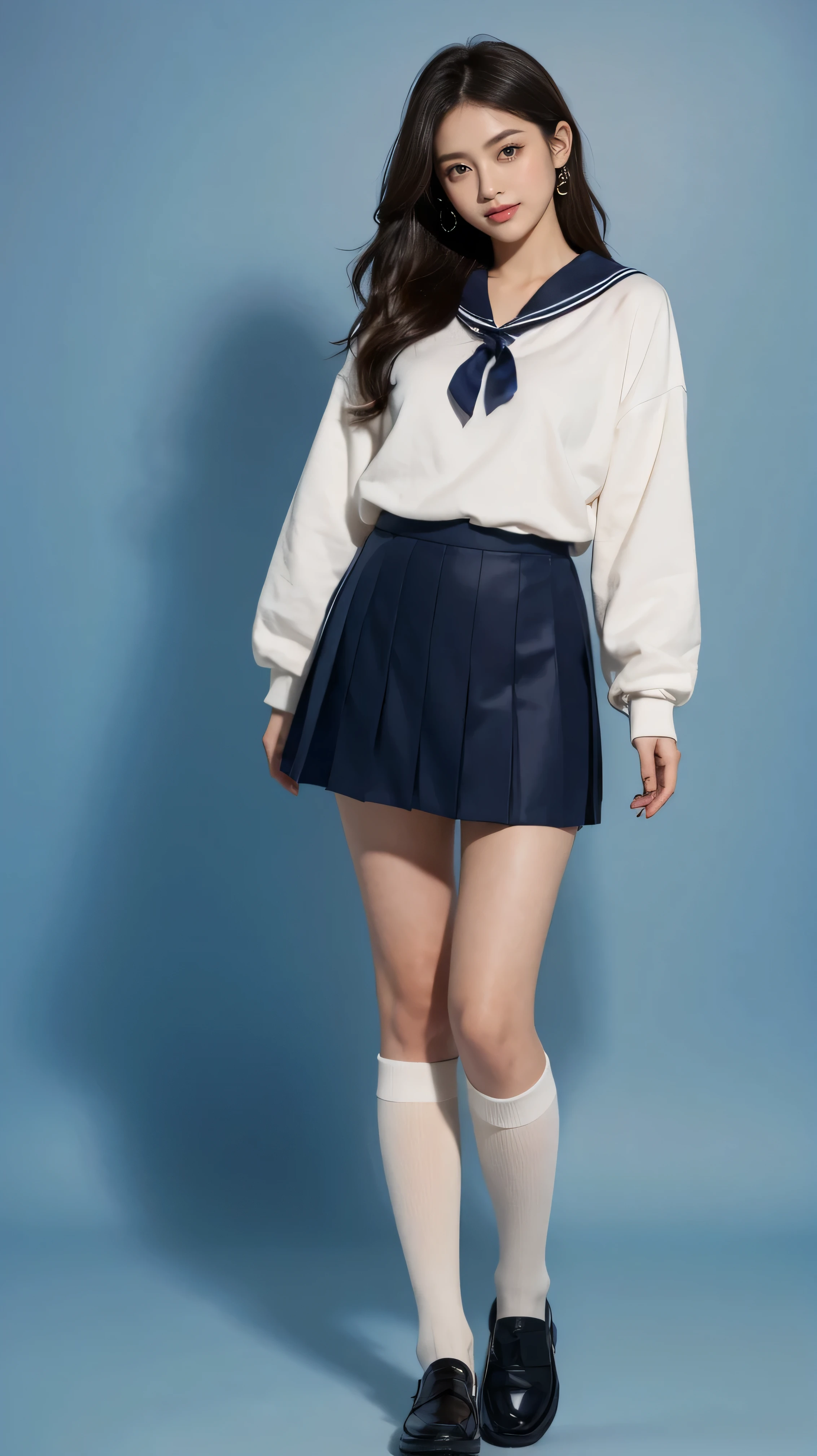 highest quality,masterpiece,Ultra-high resolution,(Actual:1.4),Original photo,Ultra-high resolution，8k，There are women，Fair skin，Exquisite makeup，High heels，Long legs，Bright and beautiful、shy smile、Sailor suit、wearing student clothes、Long sleeve sailor suit worn by Japan 、blue cuffs、Dark blue mini pleated skirt, white knee-high socks、Black loafers、standing gracefully