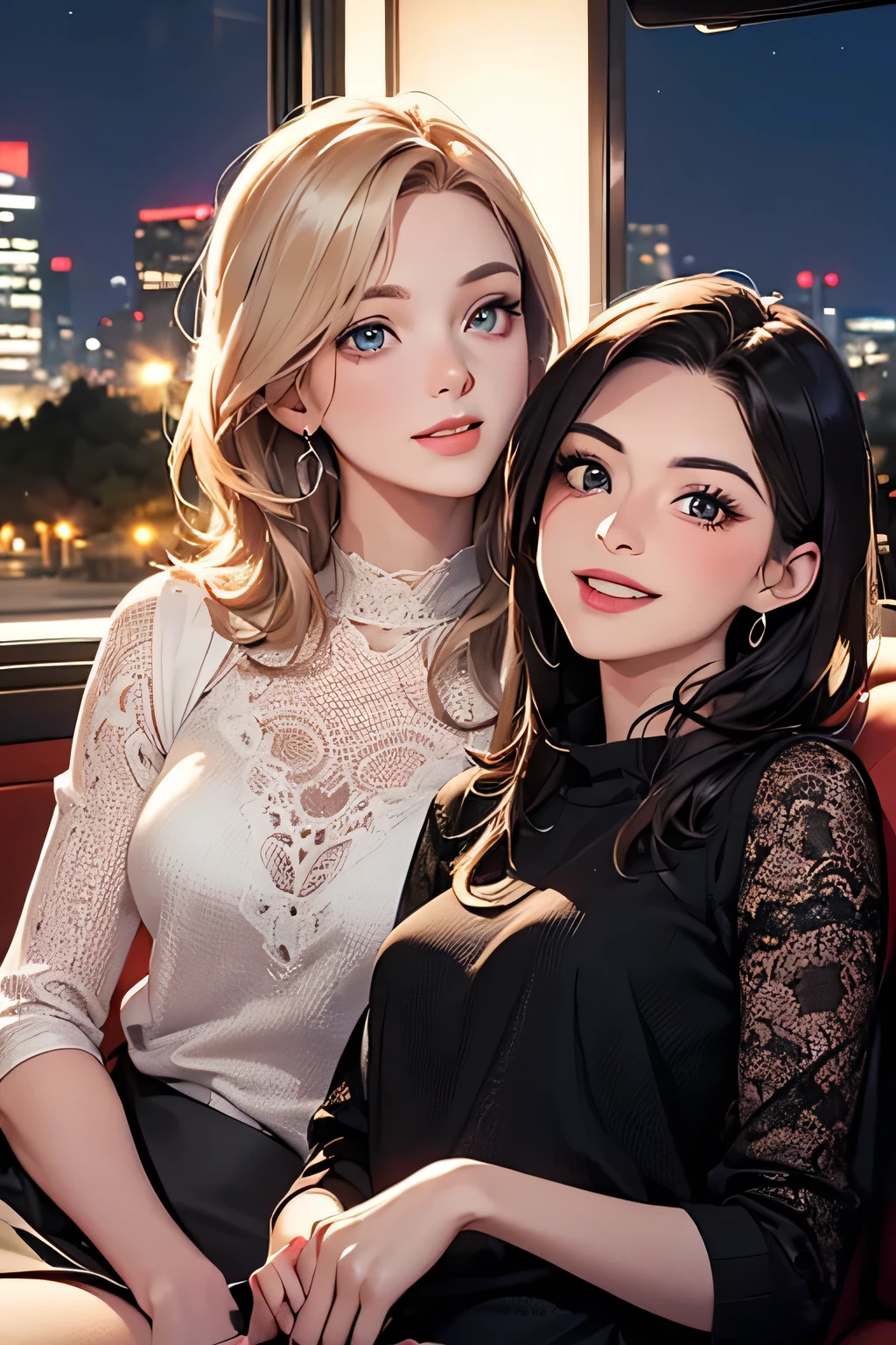 highest quality、High resolution、Detailed Background、(Beautiful face in every detail:1.4)、Anatomically correct、(Detailed facial expressions)、(Detailed eyes:1.2)、(Detailed eyes:1.2)、Beautiful women in their 20s、(Highly detailed face:1.4)、well-groomed eyebrows、Cute Eye Makeup、Cute Lip Makeup、Cute clothes with little exposure、Parking area at dawn、
(Two beautiful women laughing while sitting in an open car with a beautiful night view in the background:1.5)