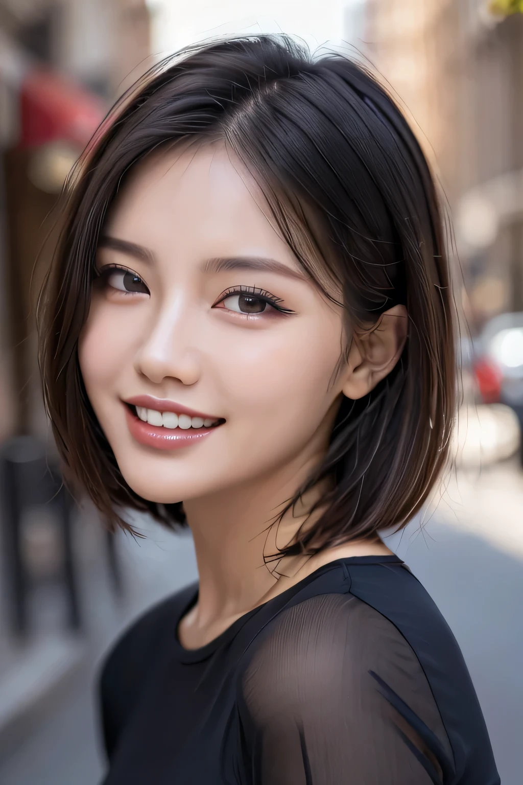 (8k, RAW Photos, highest quality, masterpiece, Realistic, Realistic), (1 female), (Ultimate beauty), Highly detailed face, (Perfect Teeth), Beautiful Eyes, double eyelid, eyelash, smile, Lip details, (Neat brunette bob), The light shines on your face, Big Breasts, ((Colorful mini dresses)), (Front view), (background: none),  Background blur