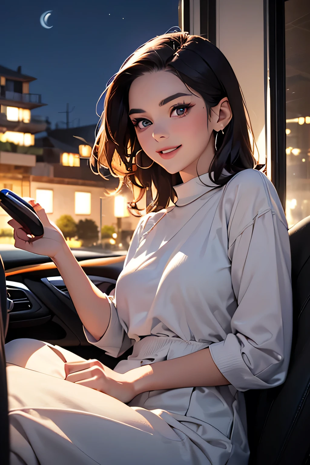 highest quality、High resolution、Detailed Background、(Beautiful face in every detail:1.4)、Anatomically correct、(Detailed facial expressions)、(Detailed eyes:1.2)、(Detailed eyes:1.2)、Beautiful women in their 20s、(Highly detailed face:1.4)、well-groomed eyebrows、Cute Eye Makeup、Cute Lip Makeup、Cute clothes with little exposure、Parking area at dawn、
(Two beautiful women laughing while sitting in an open car with a beautiful night view in the background:1.5)