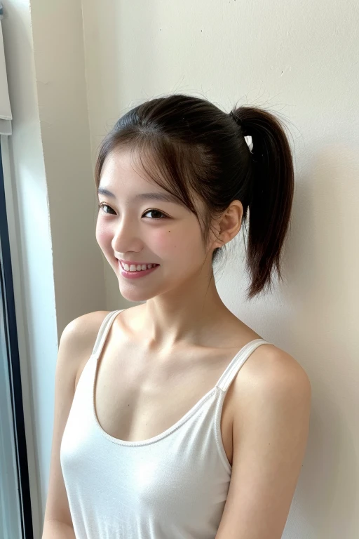 Japanese、high school girl、High resolution、Masterpiece、Fine-grained skin type、high resolution、Reality、Indoors, in front of a white wall、Stand upright、smile、、White tank top、ponytail