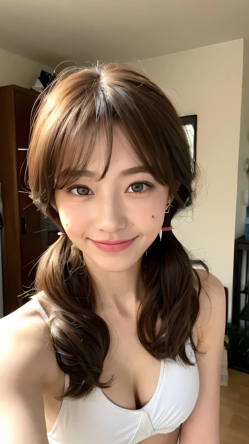 ((highest quality, 8k, masterpiece: 1.3)), One Girl, The beauty of slim abs: 1.3, (Random hairstyles casual, Very small tiny breasts: 1.2), bikini: 1.1, Very beautiful face, Delicate eyes, double eyelid, Vertical navel,Cute Smile, Home,Dimples,There is a mole around the mouth,Chubby,Crouching,Turning around and looking at me,