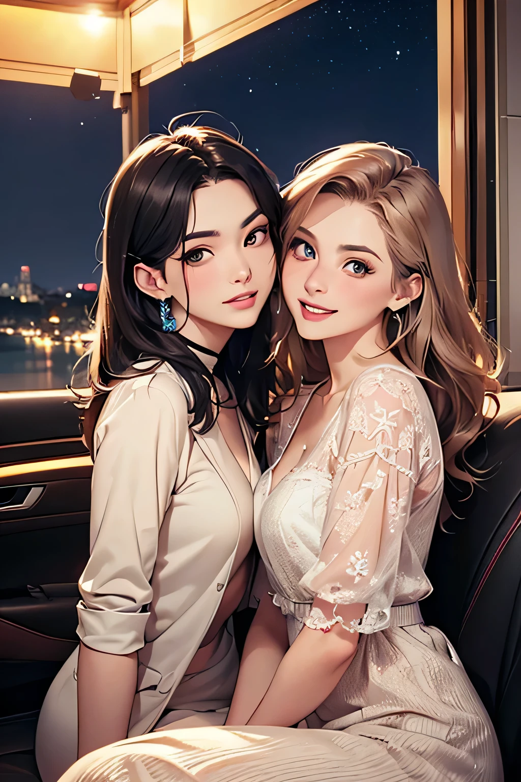 highest quality、High resolution、Detailed Background、(Beautiful face in every detail:1.4)、Anatomically correct、(Detailed facial expressions)、(Detailed eyes:1.2)、(Detailed eyes:1.2)、Beautiful women in their 20s、(Highly detailed face:1.4)、well-groomed eyebrows、Cute Eye Makeup、Cute Lip Makeup、Cute clothes with little exposure、Parking area at dawn、
(Two beautiful women laughing while sitting in an open car with a beautiful night view in the background:1.5)