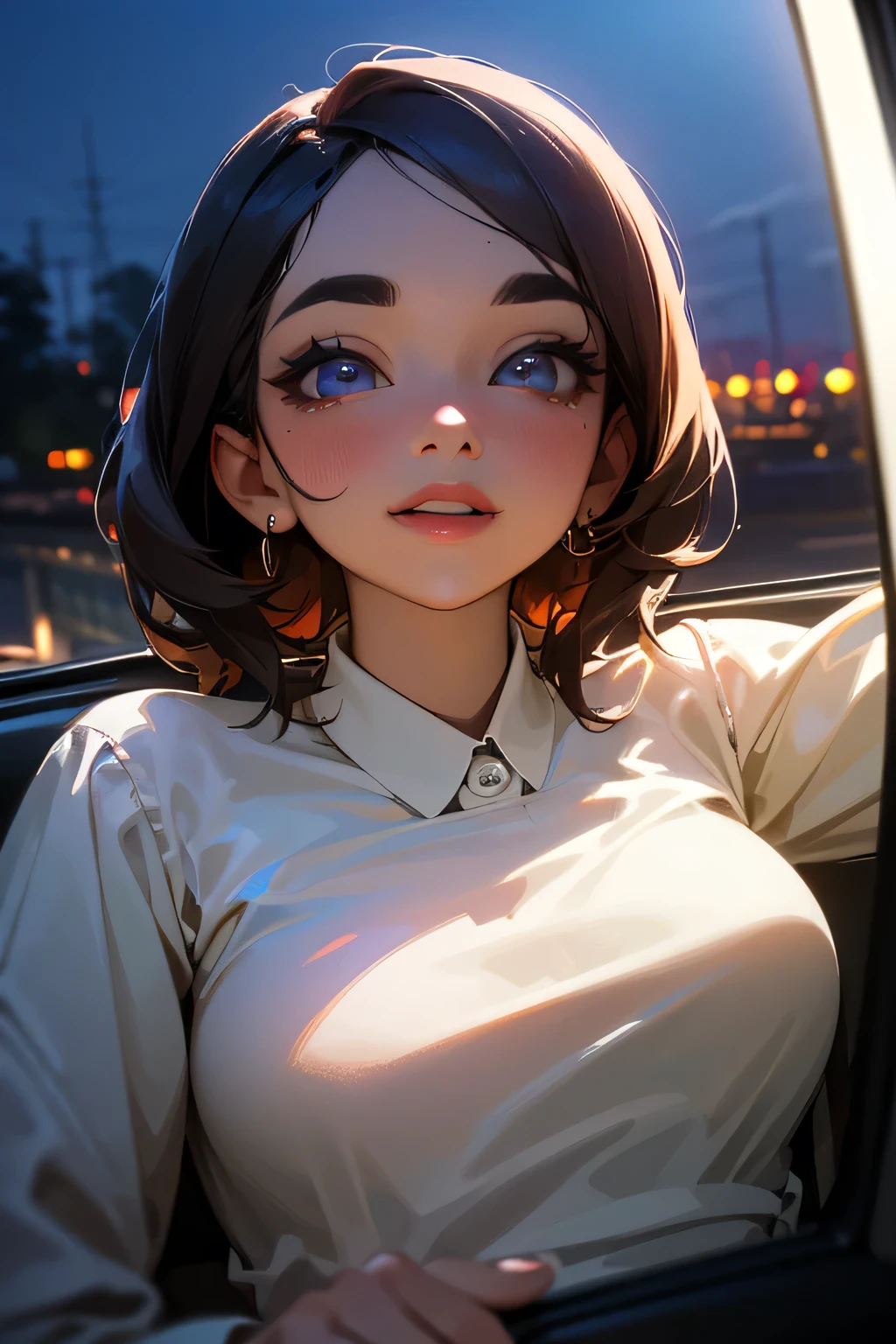 highest quality、High resolution、Detailed Background、(Beautiful face in every detail:1.4)、Anatomically correct、(Detailed facial expressions)、(Detailed eyes:1.2)、(Detailed eyes:1.2)、Beautiful women in their 20s、(Highly detailed face:1.4)、well-groomed eyebrows、Cute Eye Makeup、Cute Lip Makeup、Cute clothes with little exposure、Parking area at dawn、
(Two beautiful women laughing while sitting in an open car with a beautiful night view in the background:1.5)