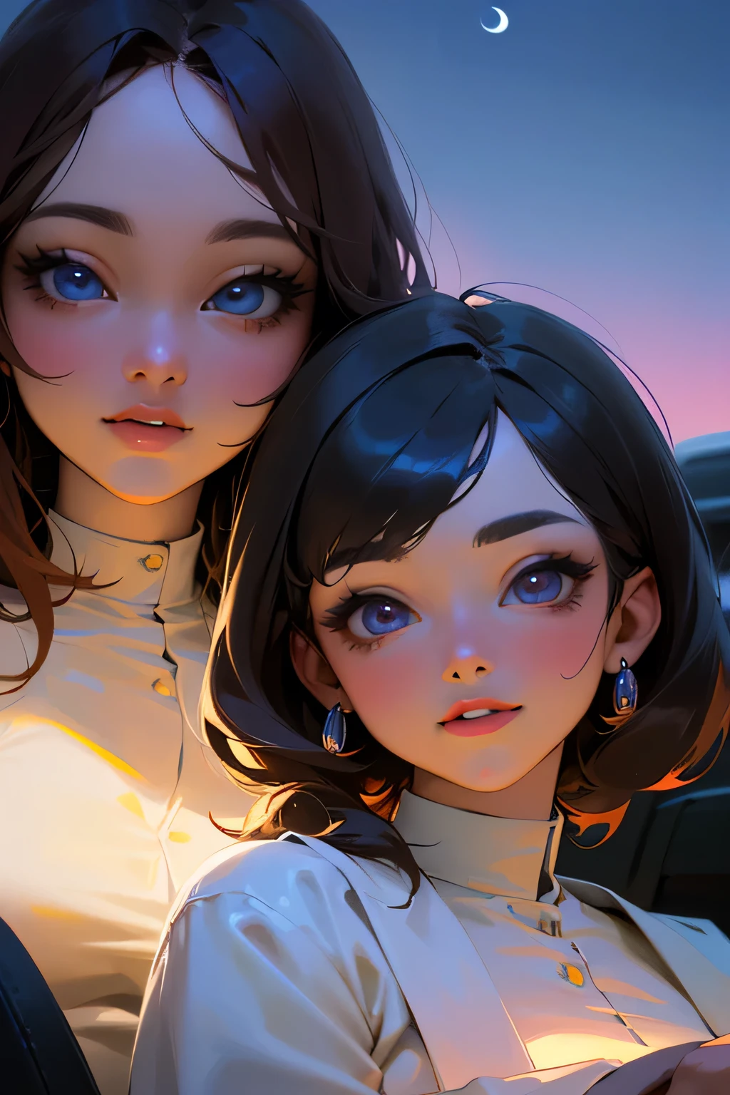 highest quality、High resolution、Detailed Background、(Beautiful face in every detail:1.4)、Anatomically correct、(Detailed facial expressions)、(Detailed eyes:1.2)、(Detailed eyes:1.2)、Beautiful women in their 20s、(Highly detailed face:1.4)、well-groomed eyebrows、Cute Eye Makeup、Cute Lip Makeup、Cute clothes with little exposure、Parking area at dawn、
(Two beautiful women laughing while sitting in an open car with a beautiful night view in the background:1.5)