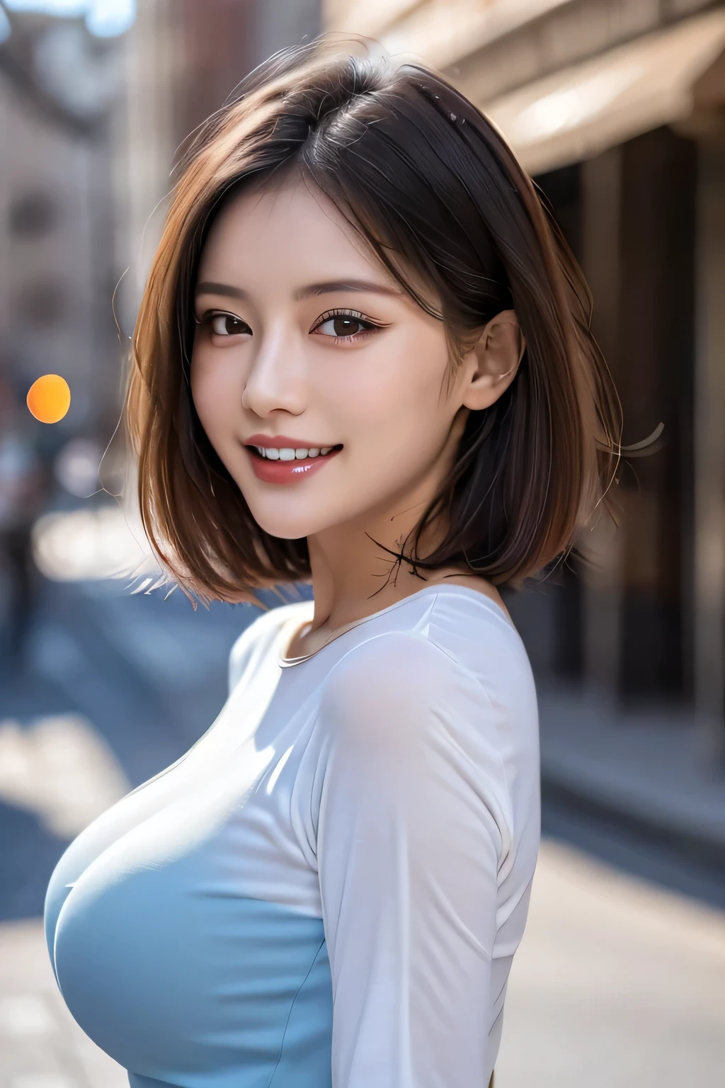 (8k, RAW Photos, highest quality, masterpiece, Realistic, Realistic), (1 female), (Ultimate beauty), Highly detailed face, (Perfect Teeth), Beautiful Eyes, double eyelid, eyelash, smile, Lip details, (Neat brunette bob), The light shines on your face, Big Breasts, ((Colorful mini dresses)), (Front view), (background: none), Background blur
