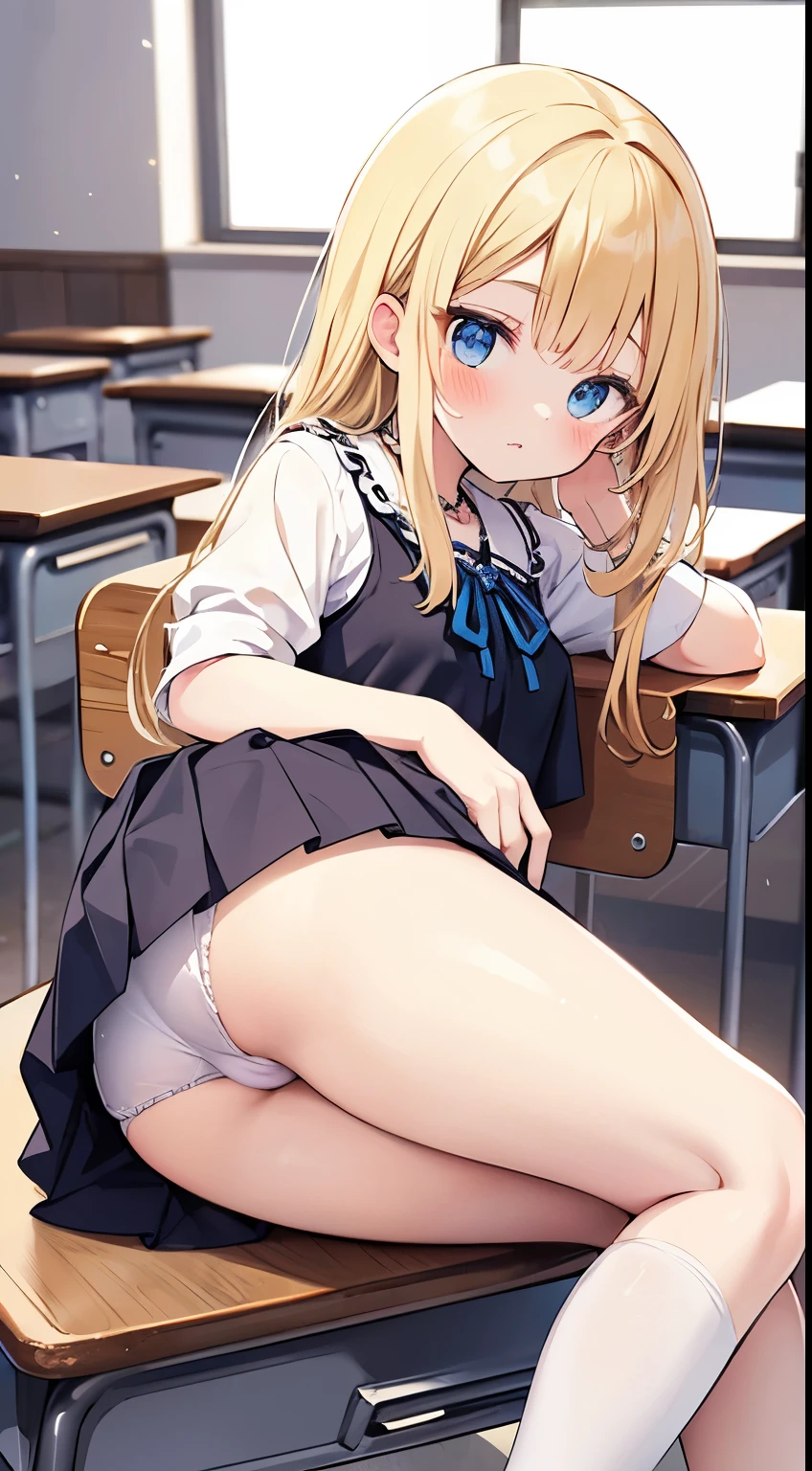 girl with：I'm a pretty girl with blonde hair and blue eyes.。I'm about 。wearing white frilled blouse。She wears a blue ribbon around her neck.。in classroom,lying down on the desk。upskirt,detailed race panties showing,((cute panties))