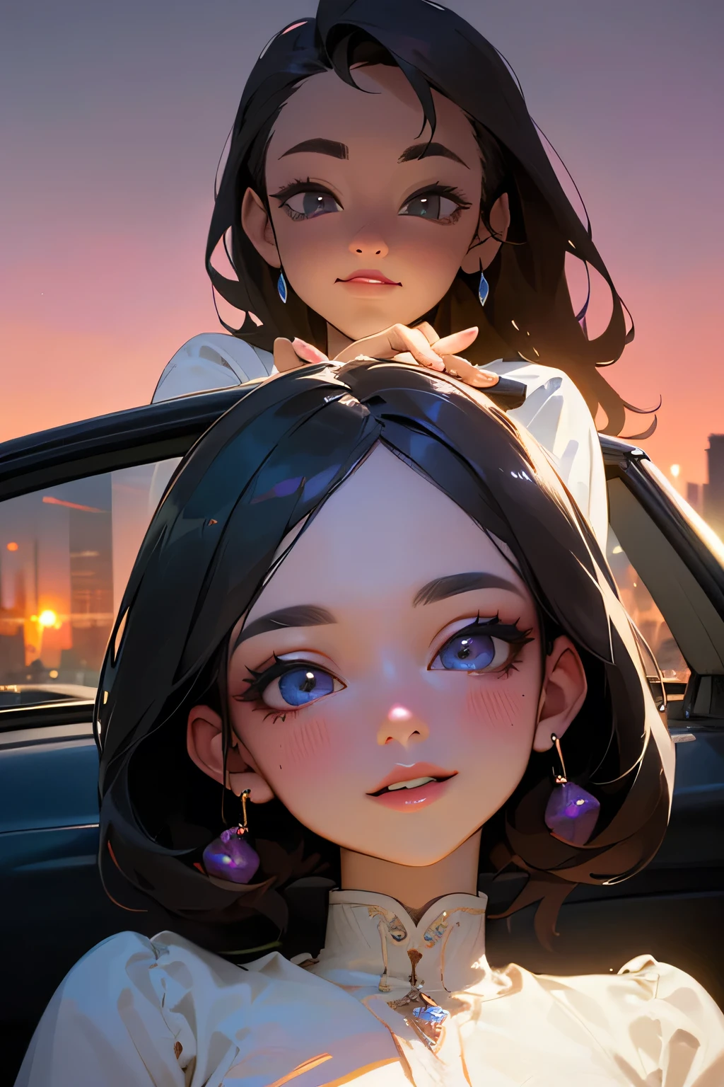 highest quality、High resolution、Detailed Background、(Beautiful face in every detail:1.4)、Anatomically correct、(Detailed facial expressions)、(Detailed eyes:1.2)、(Detailed eyes:1.2)、Beautiful women in their 20s、(Highly detailed face:1.4)、well-groomed eyebrows、Cute Eye Makeup、Cute Lip Makeup、Cute clothes with little exposure、Parking area at dawn、
(Two beautiful women laughing while sitting in an open car with a beautiful night view in the background:1.5)