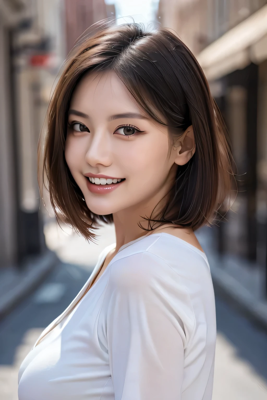 (8k, RAW Photos, highest quality, masterpiece, Realistic, Realistic), (1 female), (Ultimate beauty), Highly detailed face, (Perfect Teeth), Beautiful Eyes, double eyelid, eyelash, smile, Lip details, (Neat brunette bob), The light shines on your face, Big Breasts, ((Colorful mini dresses)), (Front view), (background: none),  Background blur