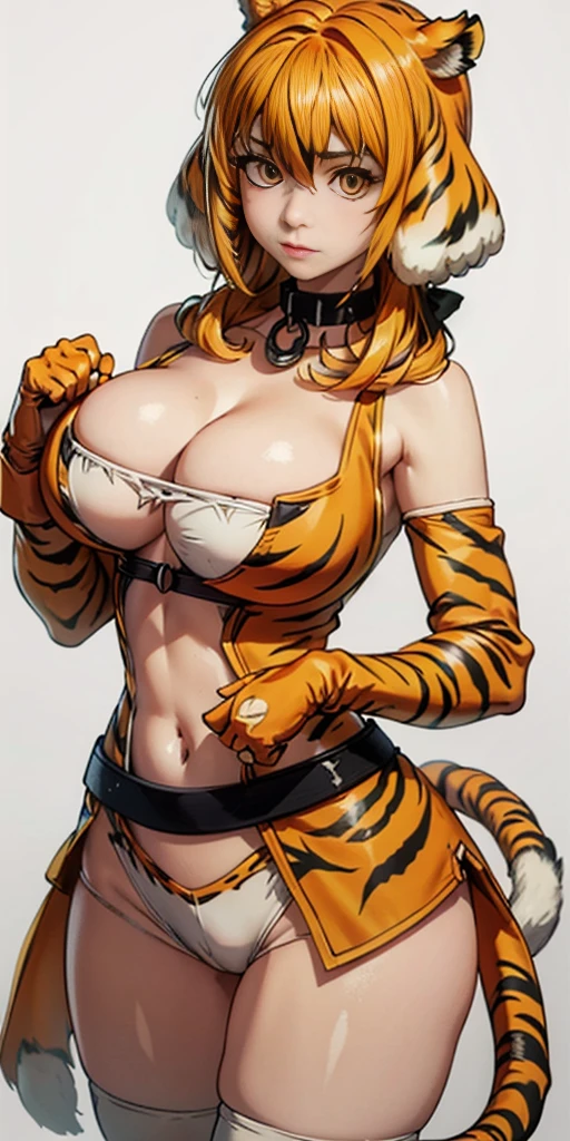 (Masterpiece, plain background) 1solo Roxanne tiger print mask, animal tiger outfit, leather collar choker neck bell, cleavage, large breasts, looking at viewer, navel, neck bell 🔔 (paw gloves like hands= paws on hands, paws on hips, tiger tail, tiger fluffy ears)