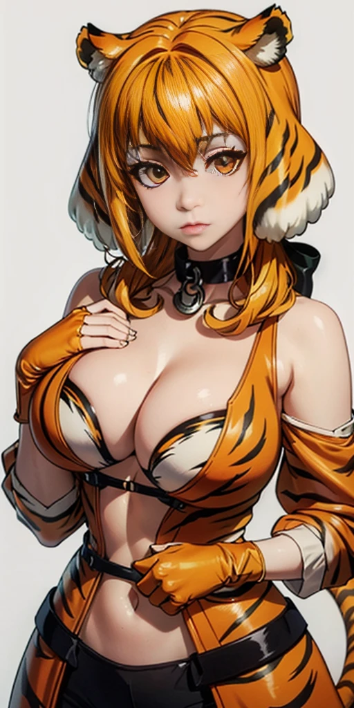 (Masterpiece, plain background) 1solo Roxanne tiger print mask, animal tiger outfit, leather collar choker neck bell, cleavage, large breasts, looking at viewer, navel, neck bell 🔔 (paw gloves like hands= paws on hands, paws on hips, tiger tail, tiger fluffy ears)