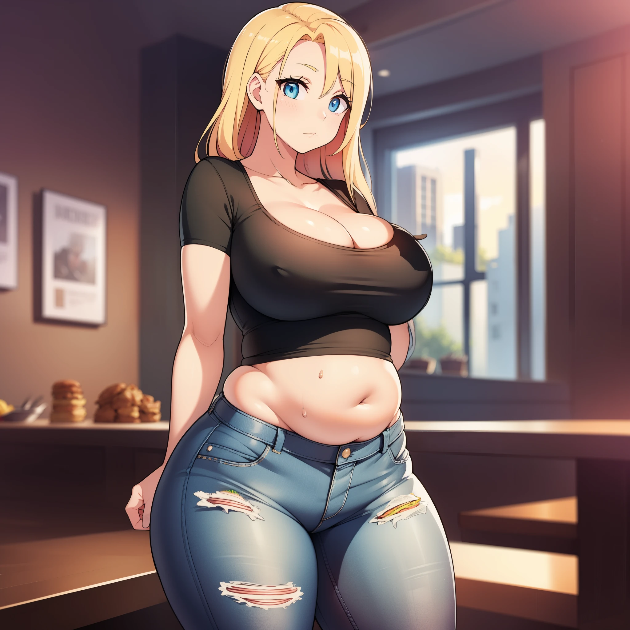 ((remove hand)), remove burger, ((background)), intricate background, remove arm, arms behind back,