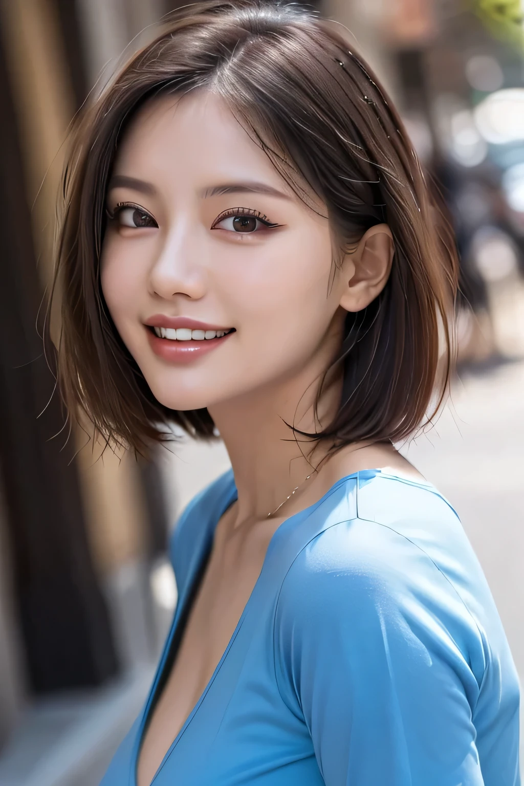 (8k, RAW Photos, highest quality, masterpiece, Realistic, Realistic), (1 female), (Ultimate beauty), Highly detailed face, (Perfect Teeth), Beautiful Eyes, double eyelid, eyelash, smile, Lip details, (Neat brunette bob), The light shines on your face, Big Breasts, ((Colorful mini dresses)), (Front view), (background: none),  Background blur