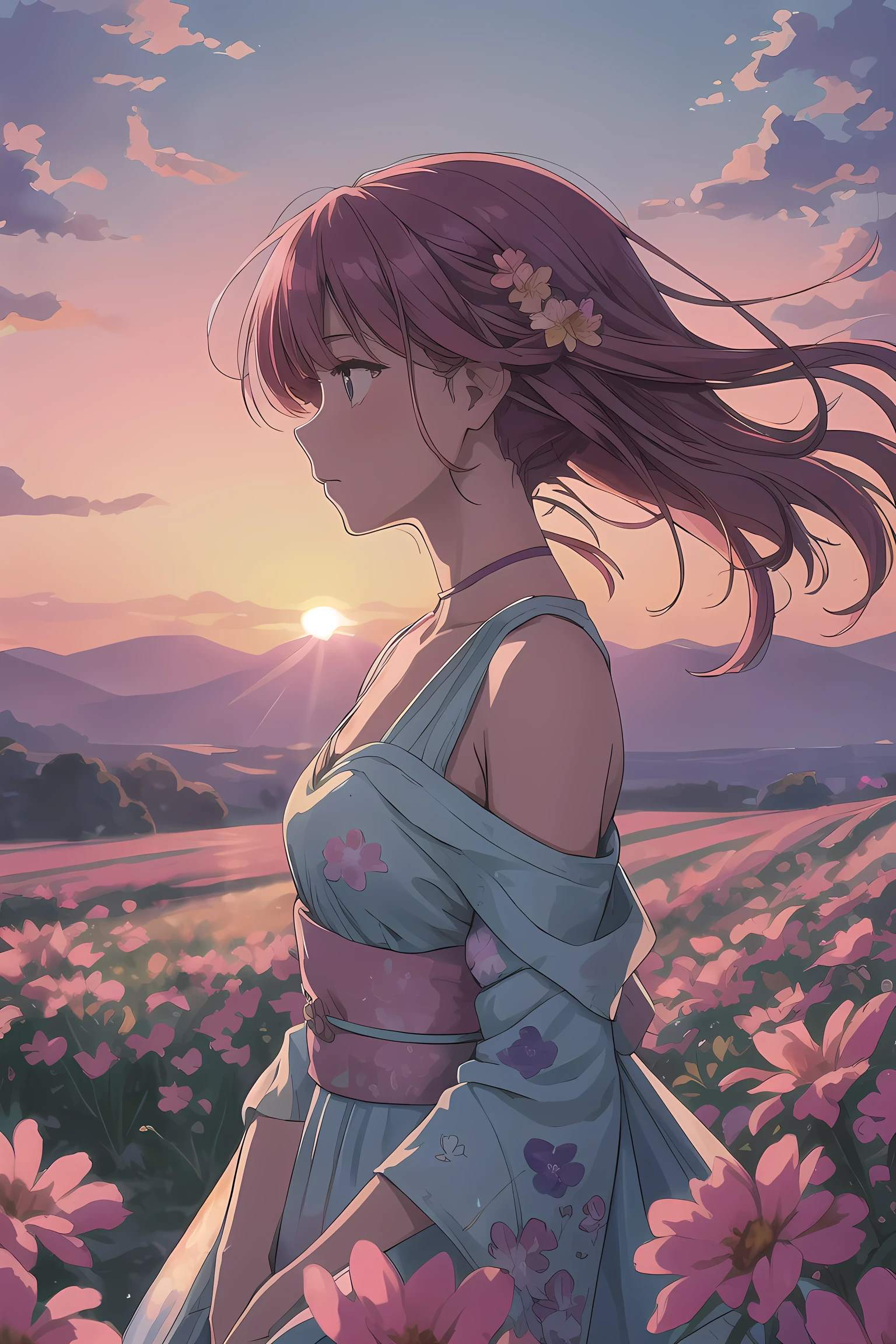 A watercolor painting of a woman's profile. Within her silhouette, there's a vivid landscape depicted. The sky is painted in hues of pink, purple, and blue, with birds flying. A sunset or sunrise is visible, casting a golden hue over a field. The woman's hair is adorned with flowers, and her neck and shoulders are covered in a dense floral pattern. The entire composition gives a sense of unity between nature and humanity.