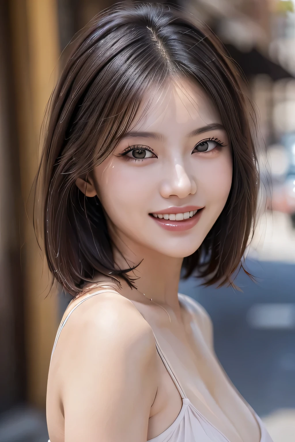 (8k, RAW Photos, highest quality, masterpiece, Realistic, Realistic), (1 female), (Ultimate beauty), Highly detailed face, (Perfect Teeth), Beautiful Eyes, double eyelid, eyelash, smile, Lip details, (Neat brunette bob), The light shines on your face, Big Breasts, ((Colorful mini dresses)), (Front view), (background: none), Background blur