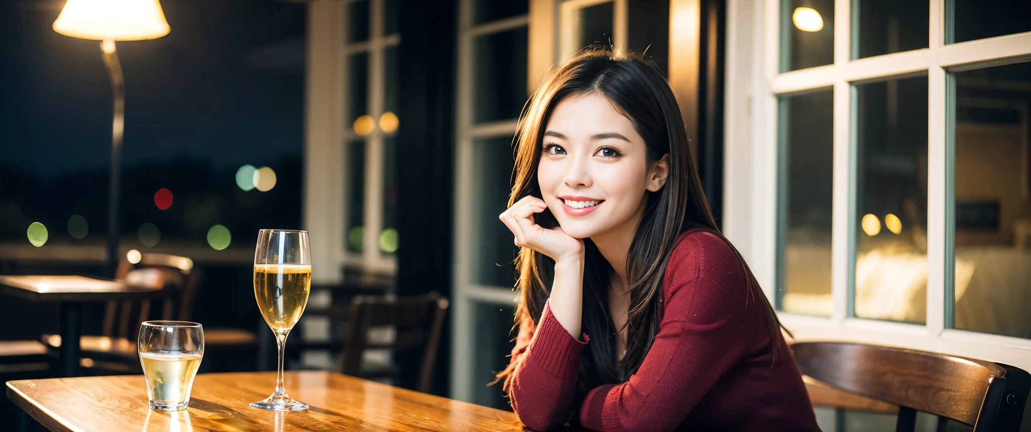 ((highest quality、8k、masterpiece:1.3))、Sharp focus:1.2、Beautiful woman perfect body:1.4、slimなボディ、((Bob Hale、Straight hair:1.2))、(to be born, highest quality, masterpiece:1.5), (Realistic, Intricate details:1.2), テーブルにwine glass、Put the light on your face、 Amazing view of the sunset sky and clouds、Amazing mountain views、ニコニコ明るいsmile、smileの素敵な女性、Bright image、2. The beauty of wine, Beautiful Face, blue eyes, The light shines on your face, Blushing, short hair,Bright Face、Fox face、 (43 years old), 39 years old, Lady、red wine 、Appetizers、Italian food、Wine bottle、Champagne、sparkling wine、Two beauties、Brown Hair、Shortcuts、Long sleeve shirt、dress、Pretty Woman 1, (slimな顔), (The body is slim), (Brown Hair), (Shortcuts), cheeks turn a little red,Attractive beauty、, Out of the window, A beautiful and detailed night view unfolds.........., restaurant, In a prominent place (From the waist up) Nova Frog Style, actress, model, Upper Body, White wine, slim, wine glass, 真ん中に置かれたwine glass, smile, (smile: 1.15), Beautiful fine grain, Depth f/2,saturation, High Contrast, Strong light and shadow,Moist Body:1.5、3D texture、Delicate eyes、Brown Hair、The hair is very shiny、