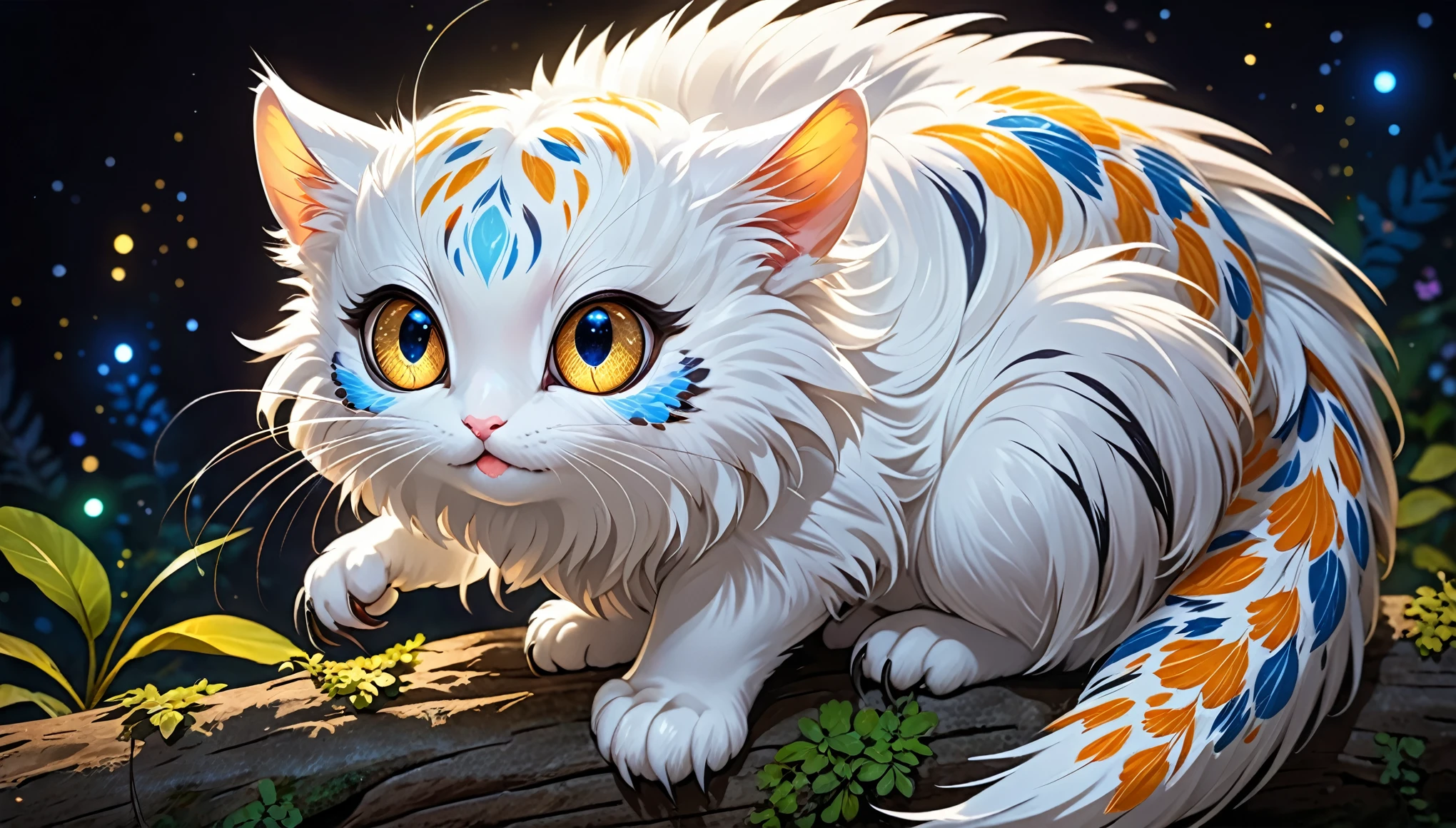 An endearing creature with a round face and large eyes.
Its soft fur is covered in a variety of colors and patterns.
It balances with its long tail and catches prey with its sharp claws.
Its eyes shine in the dark, allowing it to move freely even in the night.
Agile and curious by nature, it also has an affectionate side.