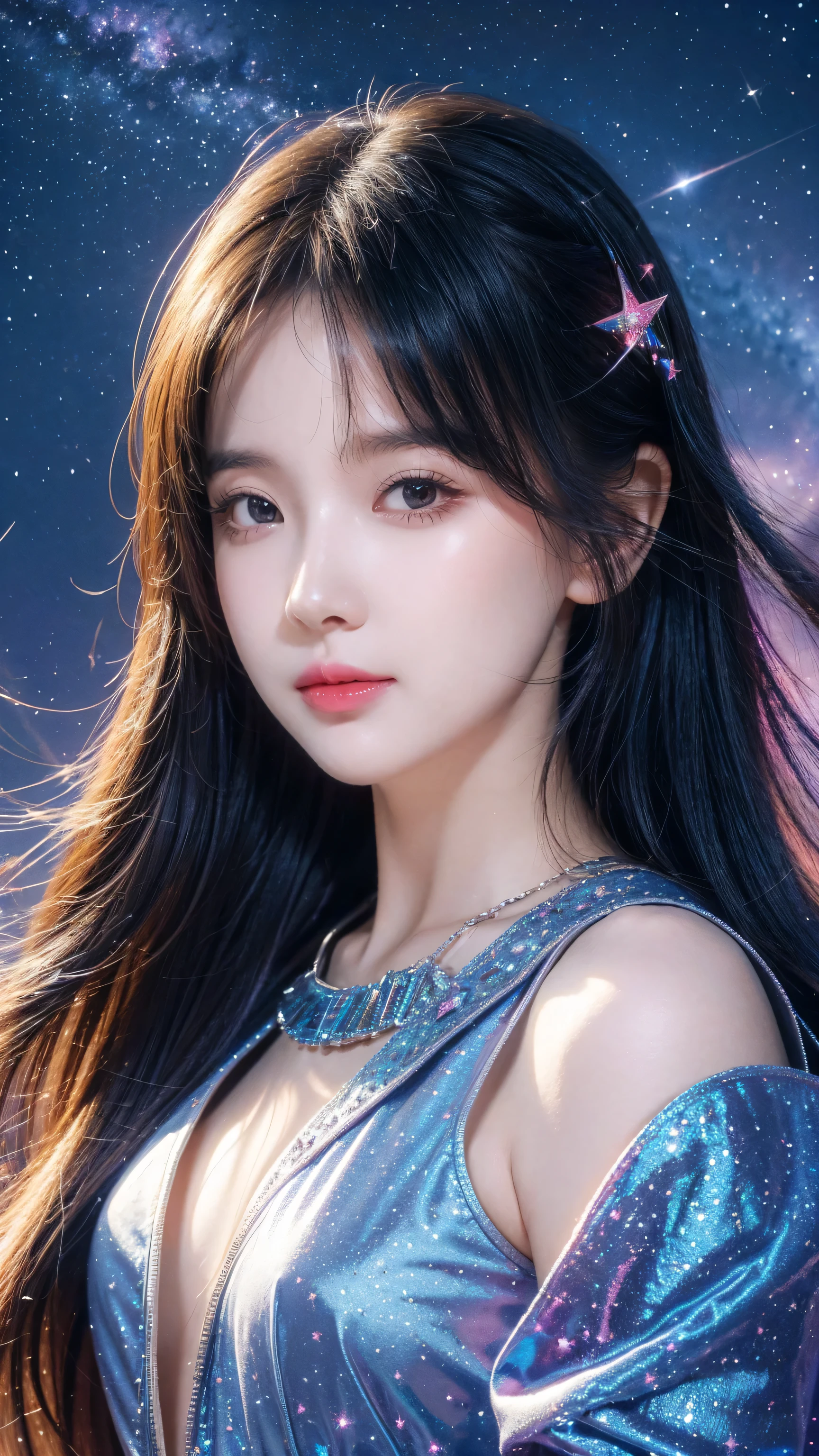 High Detail, Super Detail, Ultra-high resolution, Girl enjoying time in fantasy galaxy, surrounded by stars, The warm light shines on her, Background is starry sky，There are colorful galaxies and galaxy clouds, Stars flew around her, Delicate face, Add a fun atmosphere , 