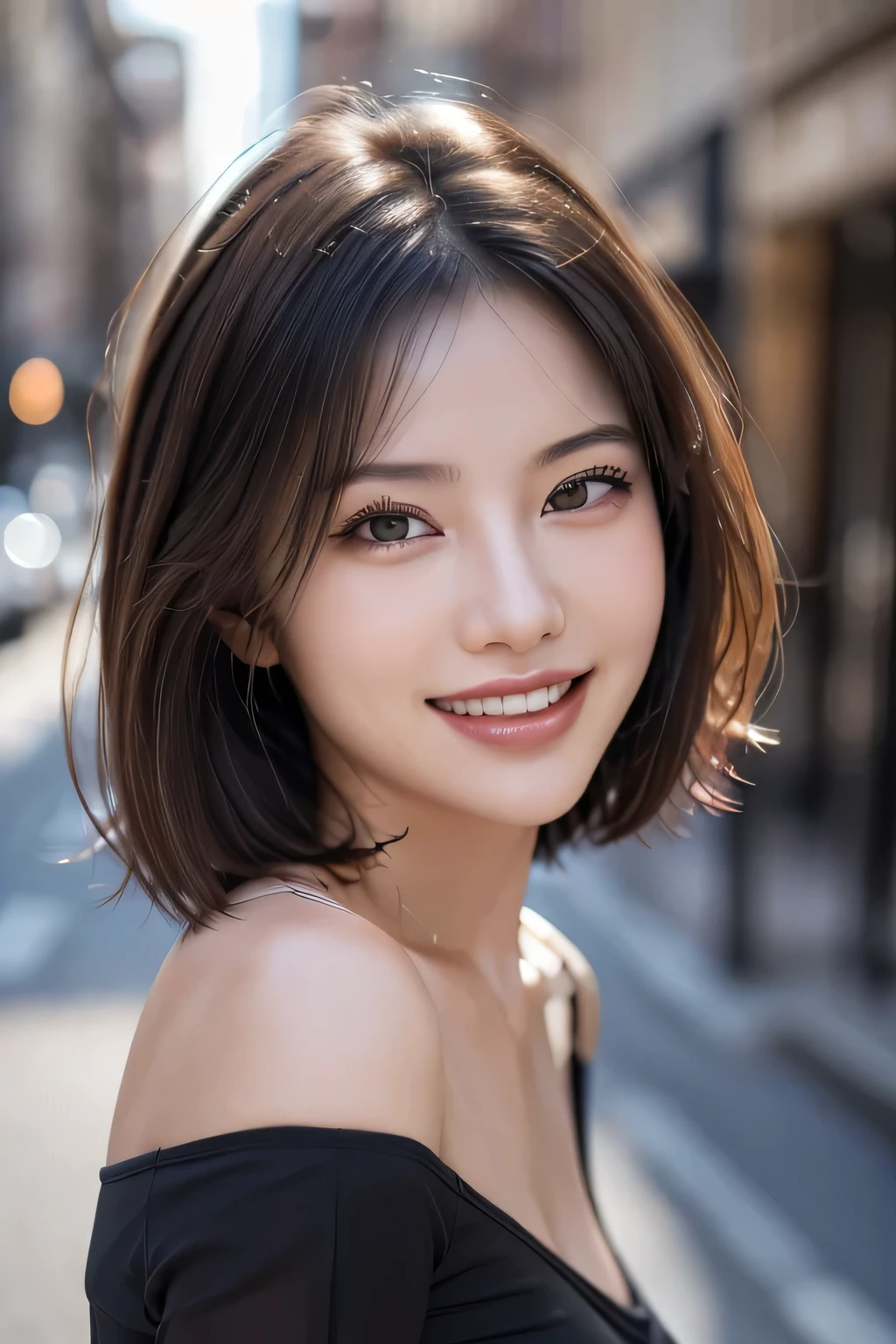 (8k, RAW Photos, highest quality, masterpiece, Realistic, Realistic), (1 female), (Ultimate beauty), Highly detailed face, (Perfect Teeth), Beautiful Eyes, double eyelid, eyelash, smile, Lip details, (Neat brunette bob), The light shines on your face, Big Breasts, ((Colorful mini dresses)), (Front view), (background: none),  Background blur