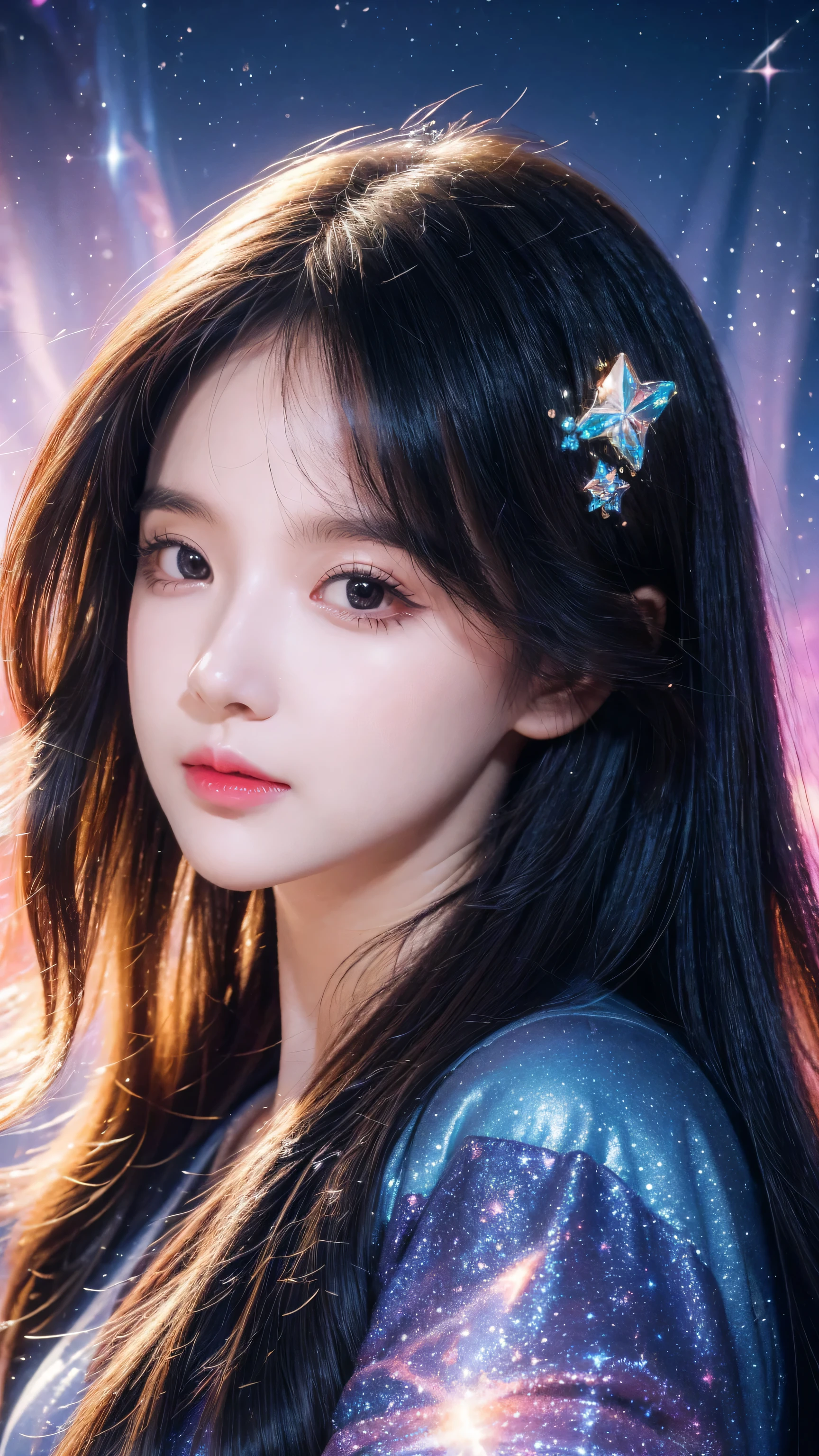 High Detail, Super Detail, Ultra-high resolution, Girl enjoying time in fantasy galaxy, surrounded by stars, The warm light shines on her, Background is starry sky,There are colorful galaxies and galaxy clouds, Stars flew around her, Delicate face, Add a fun atmosphere ,