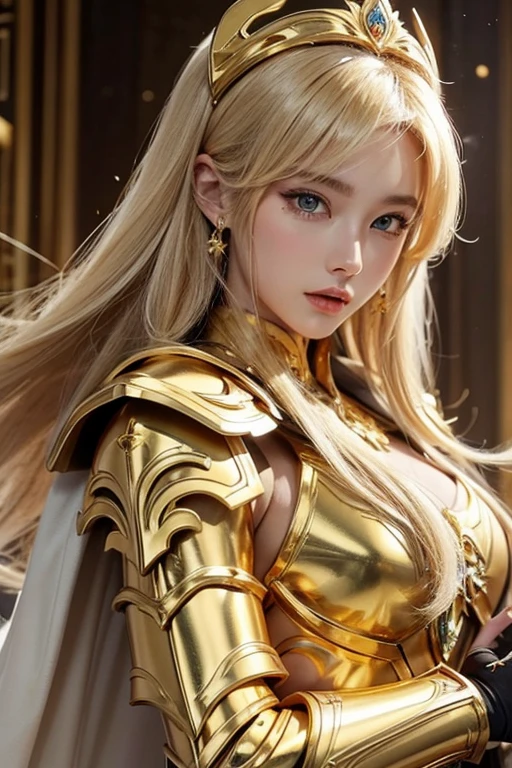 charming Russian model Nata Lee, light blonde hair, Close-up of a gold-clad woman with a white cape, Beautifully patterned gold armor, the sailor galaxia, the god emperor of mankind, Golden armor, Saint Seiya, gold paladin, Light gold armor, goddes, Wearing gold armor, wearing golden armor, Gold armor, golden armor wearing, The goddess of gold, Charismatic, Model standing，The whole body glows like a diamond，