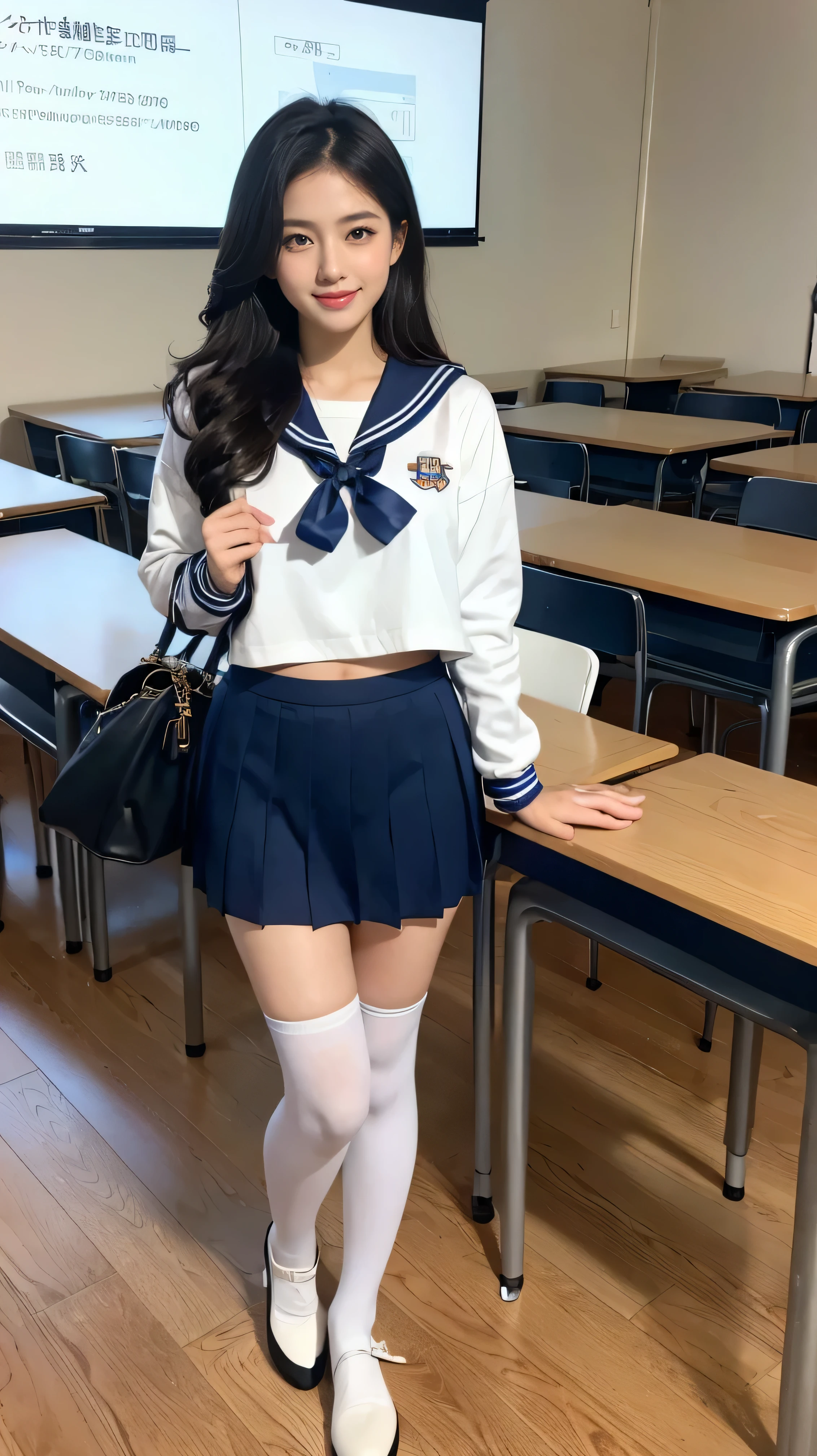 highest quality,masterpiece,Ultra-high resolution,(Actual:1.4),Original photo,Ultra-high resolution,8k,There are women,Fair skin,Exquisite makeup,High heels,Long legs,Bright and beautiful、shy smile、Sailor suit、wearing student clothes、Long sleeve sailor suit worn by Japan 、blue cuffs、Dark blue mini pleated skirt, white knee-high socks、Black loafers、standing gracefully,holding school bag,at classroom