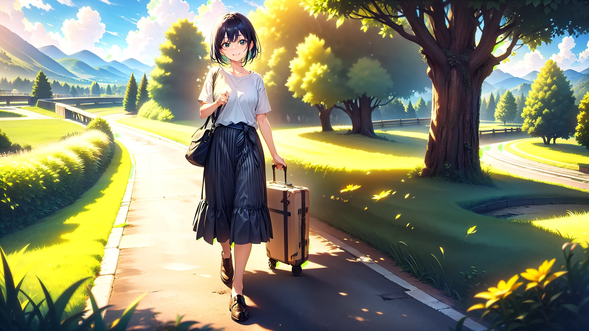 woman walking with suitcase、30th Generation、The skirt is short、T-Shirts