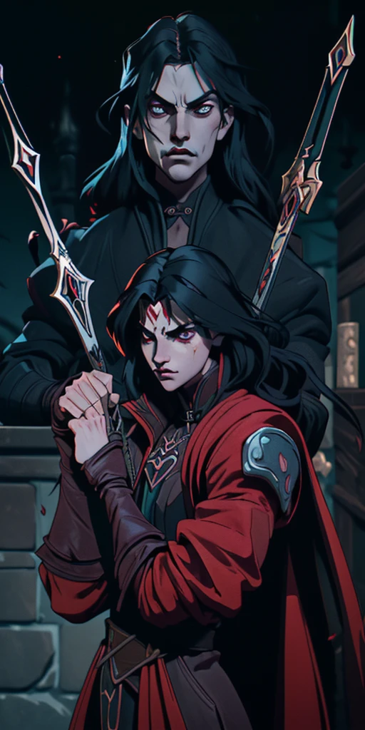 Develop an image depicting Alucard, the protagonist of Castlevania: Symphony of the Night, in a lateralized pose, showcasing his entire body. The image should convey the character's dark duality, inviting the viewer to delve into his mind and experiences. Alucard is portrayed amidst a gothic and mysterious environment, with details that emphasize the consequences of his cursed heritage. Show Alucard wielding a variety of weapons and magic. Describe reflections on his own identity and purpose. Create an immersive atmosphere filled with mysteries, capturing the gothic and dark world of Dracula's Castle. Capture the complexity of Alucard's character, his internal motivations, and the evolution of his journey. Leave room for surprising twists and emotional moments that define this iconic figure. Transport viewers into the world of Castlevania: Symphony of the Night, allowing them to explore the rich psychology and adventures of this captivating character.