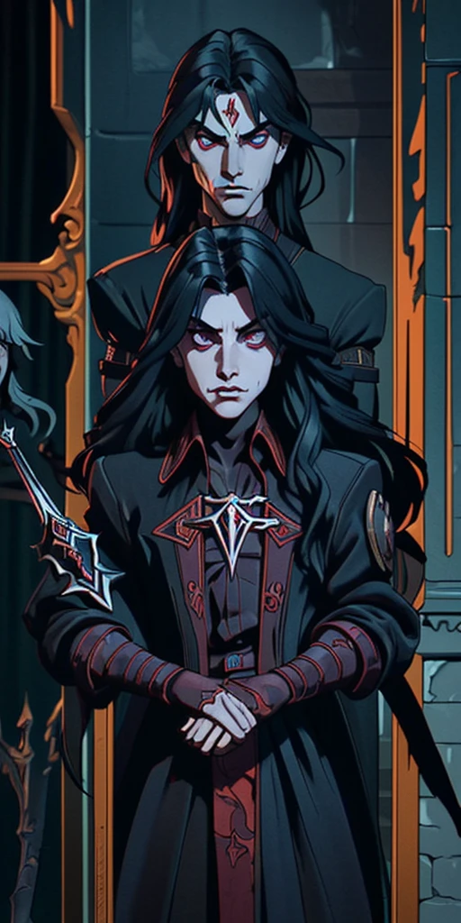 Develop an image depicting Alucard, the protagonist of Castlevania: Symphony of the Night, in a lateralized pose, showcasing his entire body. The image should convey the character's dark duality, inviting the viewer to delve into his mind and experiences. Alucard is portrayed amidst a gothic and mysterious environment, with details that emphasize the consequences of his cursed heritage. Show Alucard wielding a variety of weapons and magic. Describe reflections on his own identity and purpose. Create an immersive atmosphere filled with mysteries, capturing the gothic and dark world of Dracula's Castle. Capture the complexity of Alucard's character, his internal motivations, and the evolution of his journey. Leave room for surprising twists and emotional moments that define this iconic figure. Transport viewers into the world of Castlevania: Symphony of the Night, allowing them to explore the rich psychology and adventures of this captivating character.