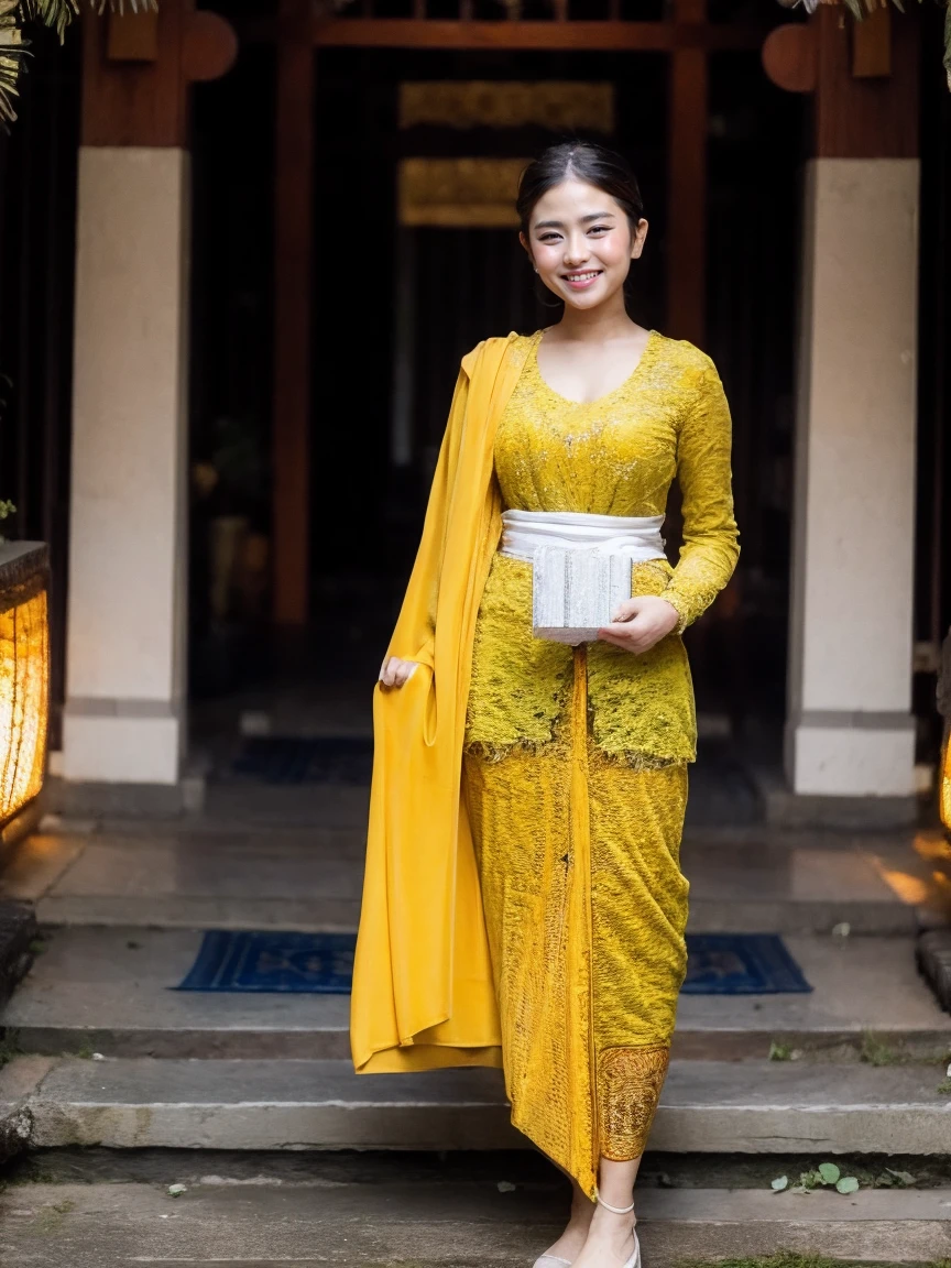 Middle, standing on the left side of the photo, a beautiful Asian woman aged 25 years, detailed white skin, wearing a white Waran Balinese kebaya, black Balinese batik sarong, yellow cloth tied to her waist, hair in a neat bun, full body, medium breasts, medium hips , small frangipani flower tucked in right ear, folded hands in front of chest, smiling faintly at the audience, random pose, temple and lake in the background, close up, Rembrandt lighting, medium full shot