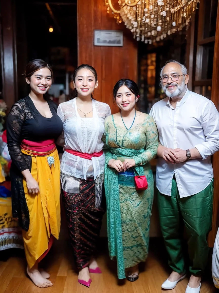 Middle, standing on the left side of the photo, a beautiful Asian woman aged 25 years, detailed white skin, wearing a white Waran Balinese kebaya, black Balinese batik sarong, yellow cloth tied to her waist, hair in a neat bun, full body, medium breasts, medium hips , small frangipani flower tucked in right ear, folded hands in front of chest, smiling faintly at the audience, random pose, temple and lake in the background, close up, Rembrandt lighting, medium full shot
