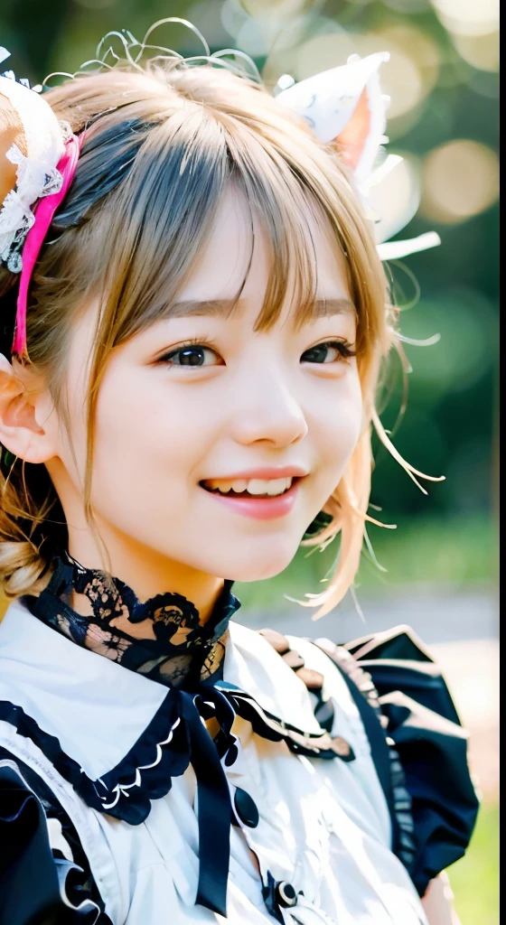 (Ultra-detailed), 正面face,head shot, Front view,Cute princess dresses in black color,(Ruffled Dress),(Short sleeve),blue eyes,Upper body、Close-up、face、(Laughter:1.5),(Look forward:1.2), 20-year-old, age Girls,No tail,(No tail),2D, masterpiece, highest quality, And soul, Detailed eyes, 詳細なface, With a girl, Only 1 person,Silver medium hair, (Blonde), Ear hair, , Single Blade, (Single Blade), (Side braid), Pink Ribbon, Ribbon on neck, (White sleeves), Seaside Background