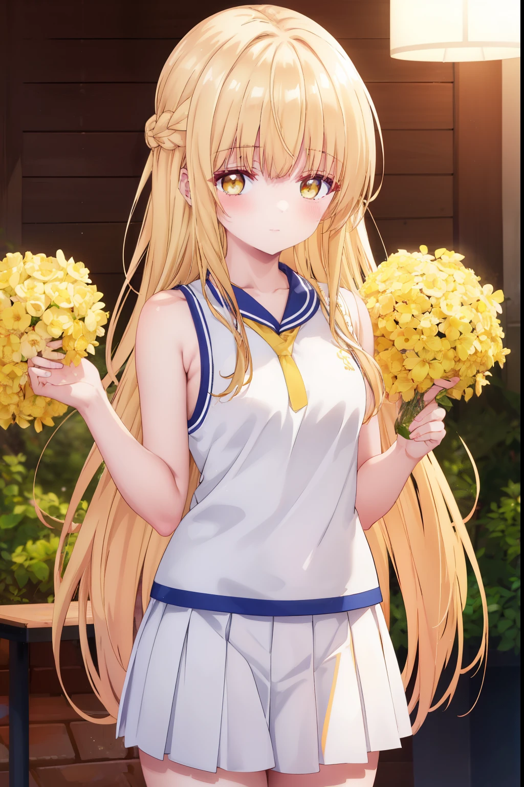 Mahiru shiina, , blonde, (Yellow Eyes:1.3)、Braided long hair,,blush,smile,Captivating thighs、Beautiful bare legs, Sideways armpit、Wearing cheerleading uniform
（masterpiece:1.2), highest quality, High resolution, unity 8k wallpaper, (shape:0.8), (Beautiful and beautiful eyes:1.6), Highly detailed face, Perfect lighting, Highly detailed CG, (Perfect hands, Perfect Anatomy),