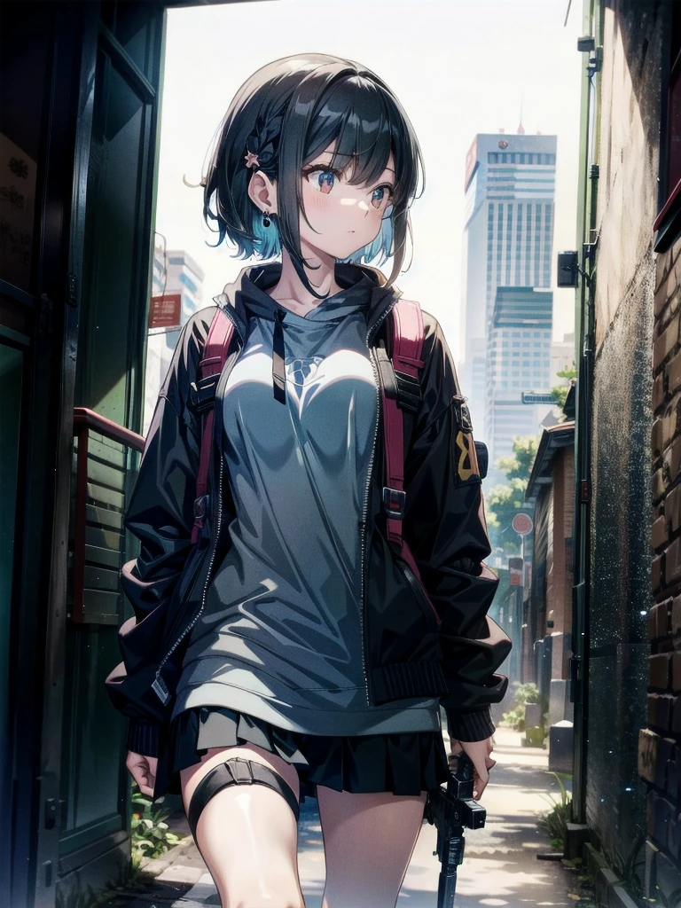 whole body, a girl shooting a rifle, thick build, holding weapon, holding the rifle, aiming, hk416, carbine, absurdres, RAW photo, extremely delicate and beautiful, masterpiece, Best Quality, ultra high resolution, 32k, hyperrealistic, ultra-detailed, detailed description, pale skin, 20 years old, tearful mole, earring, Colossal tits, short medium hair, wavy hair,