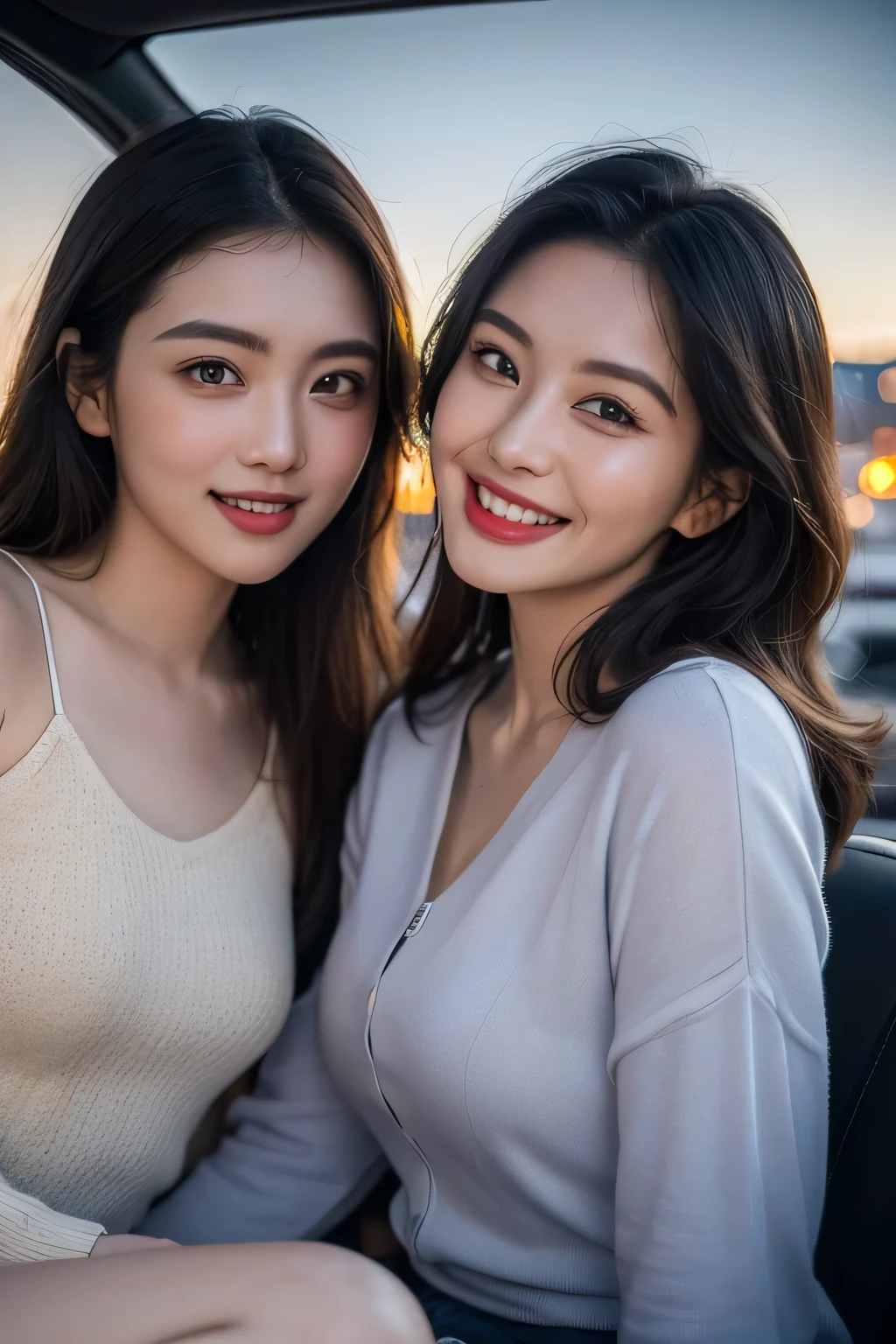 highest quality、High resolution、Detailed Background、(Beautiful face in every detail:1.4)、Anatomically correct、(Detailed facial expressions)、(Detailed eyes:1.2)、(Detailed eyes:1.2)、Beautiful women in their 20s、(Highly detailed face:1.4)、well-groomed eyebrows、Cute Eye Makeup、Cute Lip Makeup、Cute clothes with little exposure、Parking area at dawn、
(Two beautiful women laughing while sitting in an open car with a beautiful night view in the background:1.5)
