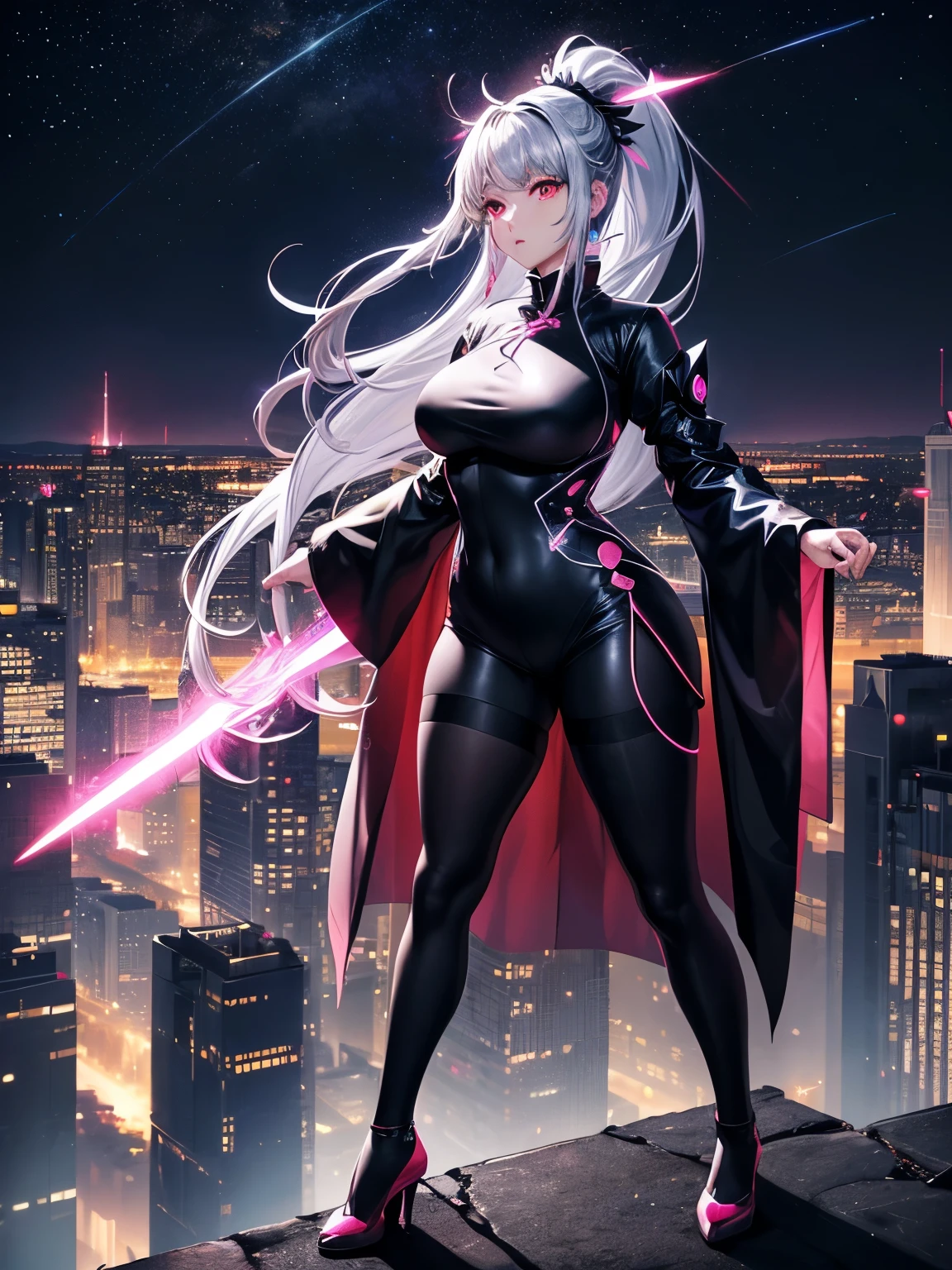 anime, (artwork, best quality, ultra-detailed, high contrast), 1 woman (Alone, full body, plus size body, standing on the edge of the skyscraper, silver hair, LONG In a ponytail, red eyes ruby sparkles, (simple black qipao, black cybernetics with neon pink), transparent black socks), (skyscraper roof, overlooking a city, detailed background ((night time, Darkness, low light pollution)))