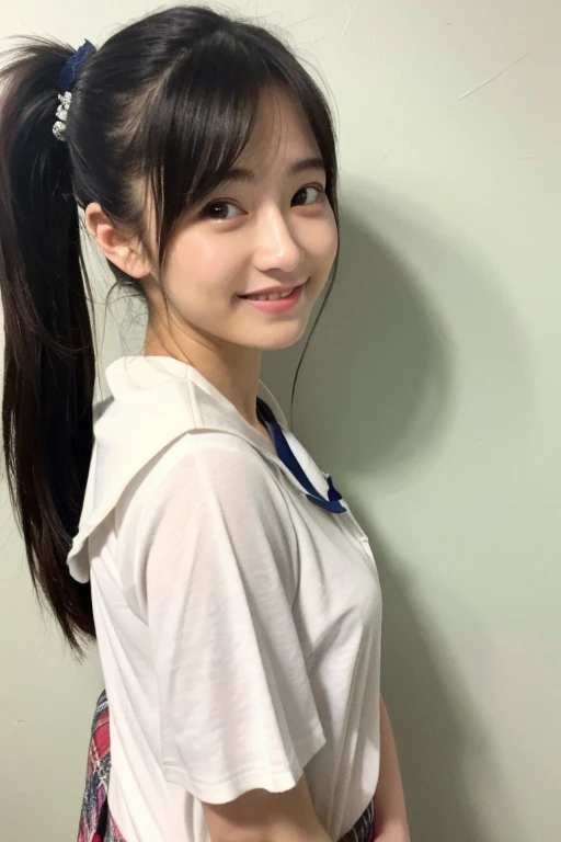 Japanese、high school girl、High resolution、Masterpiece、Fine-grained skin type、high resolution、Reality、Indoors, in front of a white wall、Stand upright、smile、、白いsexyなビキニ、ponytail、healthy、sexy